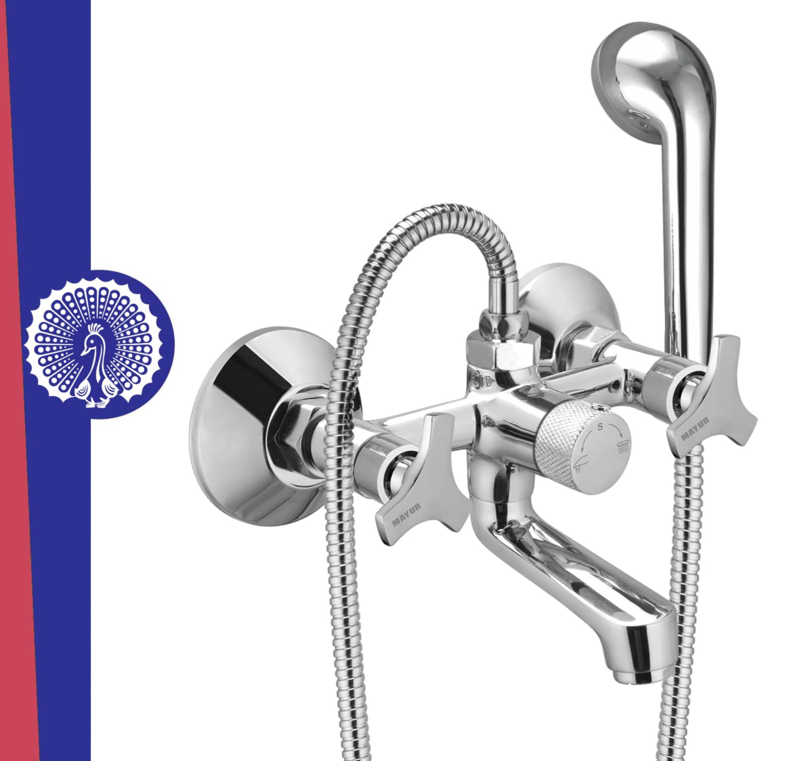 MAYUR ÖCICH Brass Wall Mixer Tap For Bathroom With 5-Function Hand Shower, 1.5M SS Hose & Hook (TRIO) | Chrome Finish Hot & Cold Water Mixer, Wall Mounted, 10-Year Warranty (Copy)