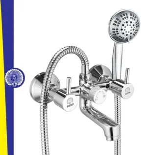 MAYUR ÖCICH Brass Wall Mixer Tap For Bathroom With 5-Function Hand Shower, 1.5M Ss Hose & Hook (FLARE) | Chrome Finish Hot & Cold Water Mixer, Wall Mounted, 10-Year Warranty