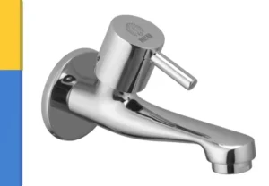 Silver Brass Long Body Taps For Bathroom And Kitchen Sink | Bathroom Bib Cock Tap With Wall Flange, Chrome Finished (Iu-5M7J-Vkl7)