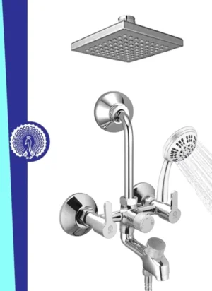 Silver Brass 3-In-1 Wall Mixer Tap For Bathroom With 6 Inch Overhead And Hand Shower Set (Fusion-2710-Rain-Gflow)