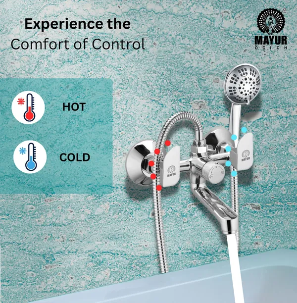 MAYUR ÖCICH Brass Wall Mixer Tap For Bathroom With 5-Function Hand Shower, 1.5M Ss Hose & Hook (ALIVE) | Chrome Finish Hot & Cold Water Mixer, Wall Mounted, 10-Year Warranty - Image 4