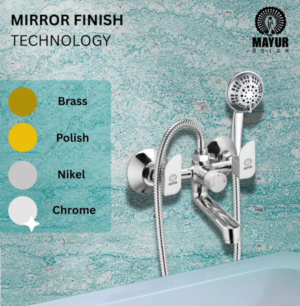 MAYUR ÖCICH Brass Wall Mixer Tap For Bathroom With 5-Function Hand Shower, 1.5M Ss Hose & Hook (ALIVE) | Chrome Finish Hot & Cold Water Mixer, Wall Mounted, 10-Year Warranty - Image 3