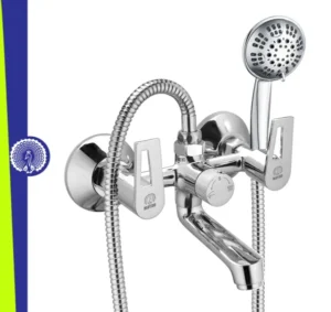 MAYUR ÖCICH Brass Wall Mixer Tap For Bathroom With 5-Function Hand Shower, 1.5M Ss Hose & Hook (ARIA) | Chrome Finish Hot & Cold Water Mixer, Wall Mounted, 10-Year Warranty