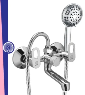 MAYUR ÖCICH Brass Wall Mixer Tap For Bathroom With 5-Function Hand Shower, 1.5M Ss Hose & Hook (MILANO) | Chrome Finish Hot & Cold Water Mixer, Wall Mounted, 10-Year Warranty