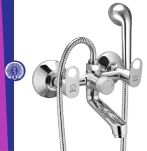MAYUR ÖCICH Brass Wall Mixer Tap For Bathroom With 5-Function Hand Shower, 1.5M Ss Hose & Hook (ORNIX) | Chrome Finish Hot & Cold Water Mixer, Wall Mounted, 10-Year Warranty