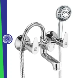 MAYUR ÖCICH Brass Wall Mixer Tap For Bathroom With 5-Function Hand Shower, 1.5M Ss Hose & Hook (Fusion) | Chrome Finish Hot & Cold Water Mixer, Wall Mounted, 10-Year Warranty