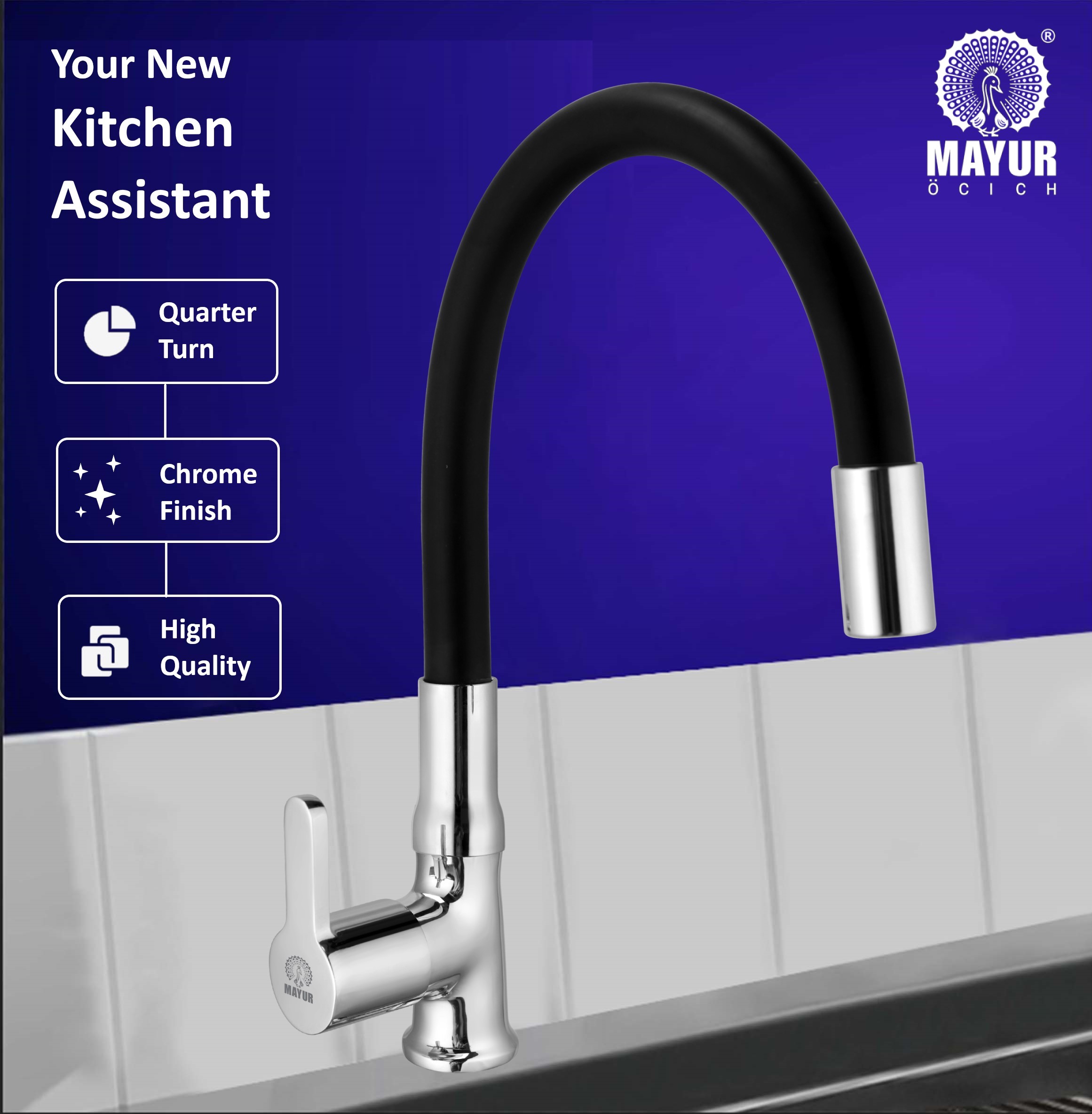 MAYUR ÖCICH Brass Swan Neck Kitchen Sink Tap With Flexible Silicone Swivel Spout | 360 Rotation | Cold Water Faucet | Chrome & Matte Black Finish | 10-Year Warranty - Image 2