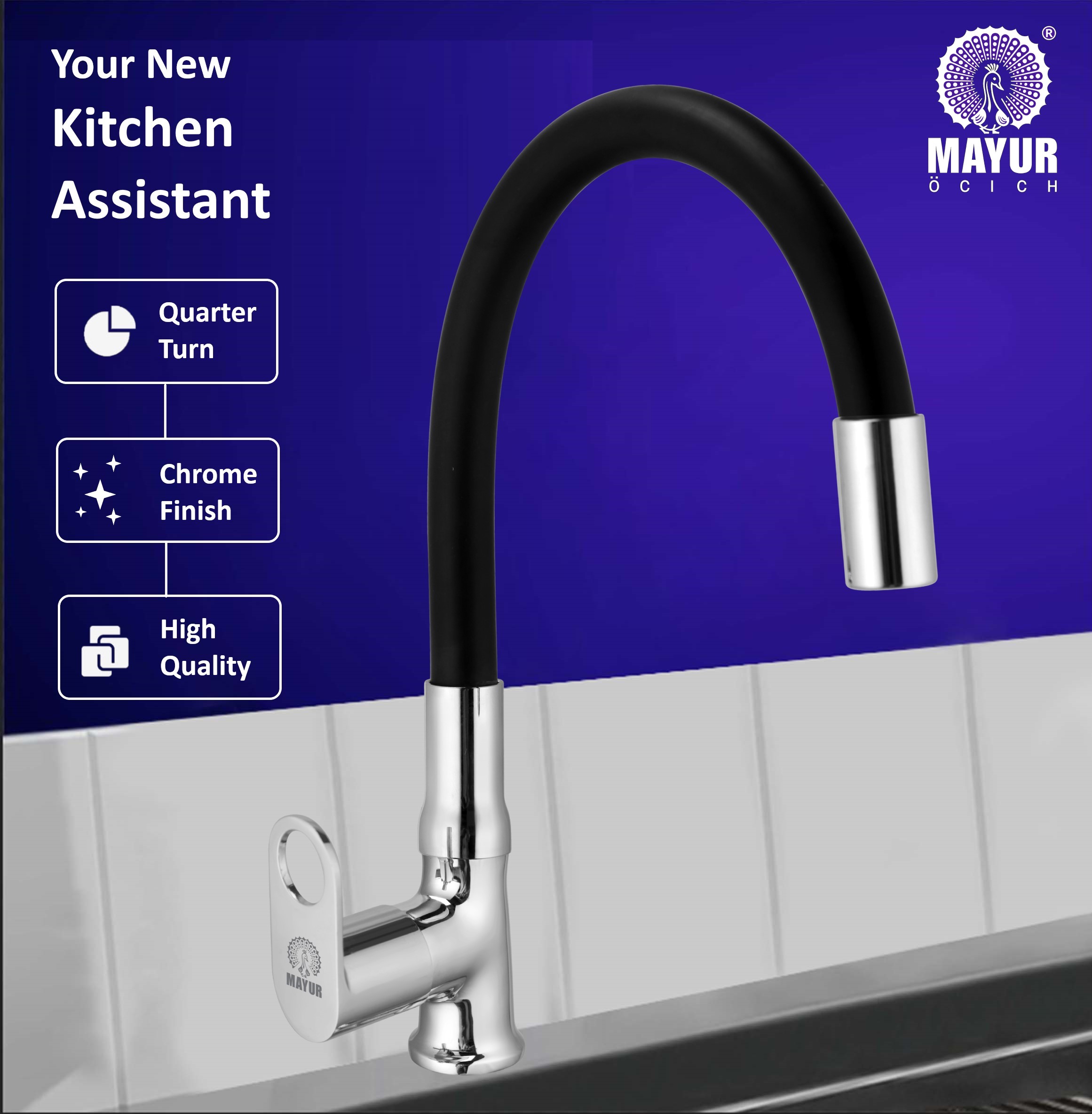 MAYUR ÖCICH Brass Swan Neck Kitchen Sink Tap With Flexible Silicone Swivel Spout | 360 Rotation | Cold Water Faucet | Chrome & Matte Black Finish | 10-Year Warranty - Image 2