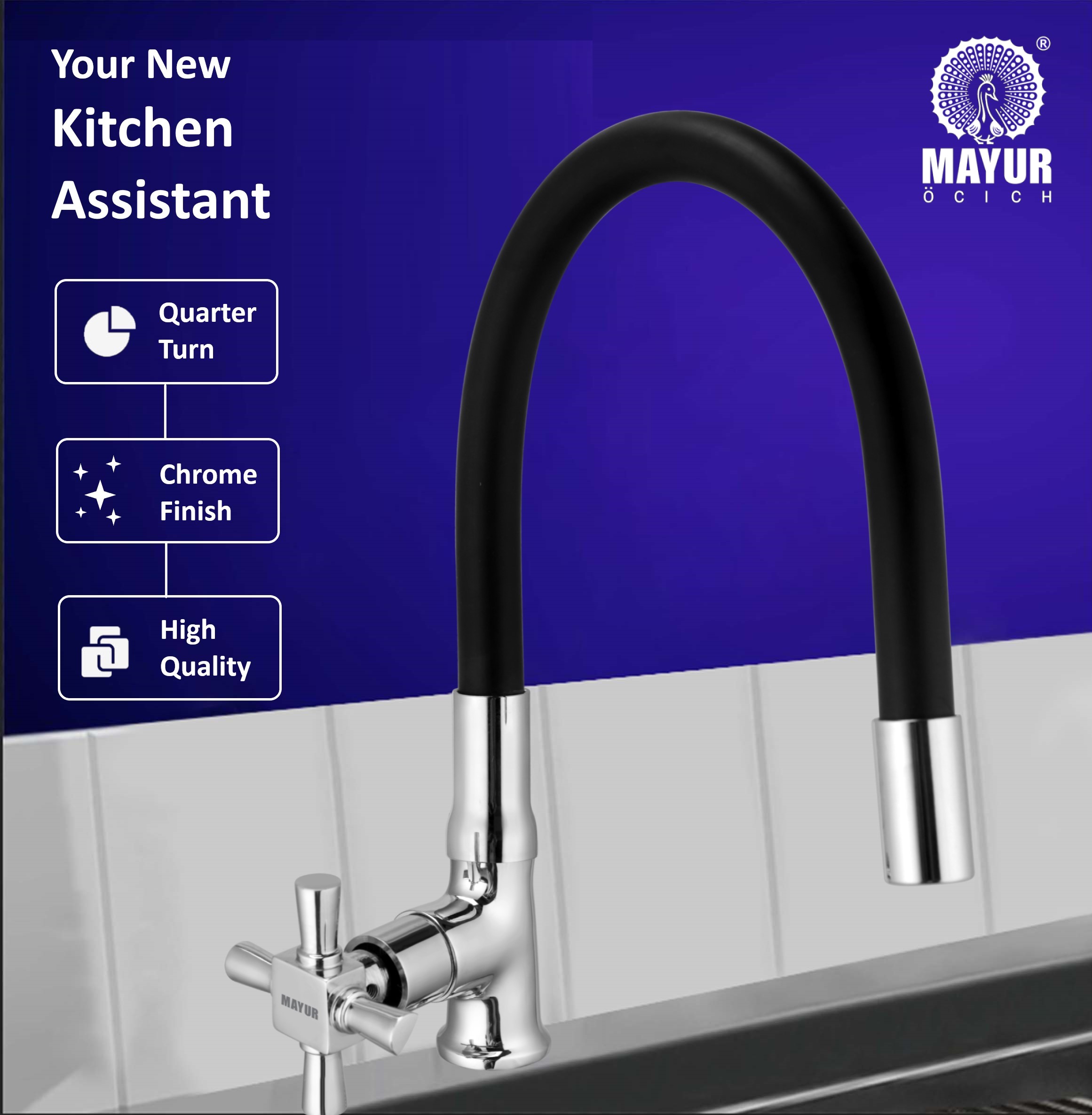 MAYUR ÖCICH Brass Swan Neck Kitchen Sink Tap With Flexible Silicone Swivel Spout | 360 Rotation | Cold Water Faucet | Chrome & Matte Black Finish | 10-Year Warranty - Image 2