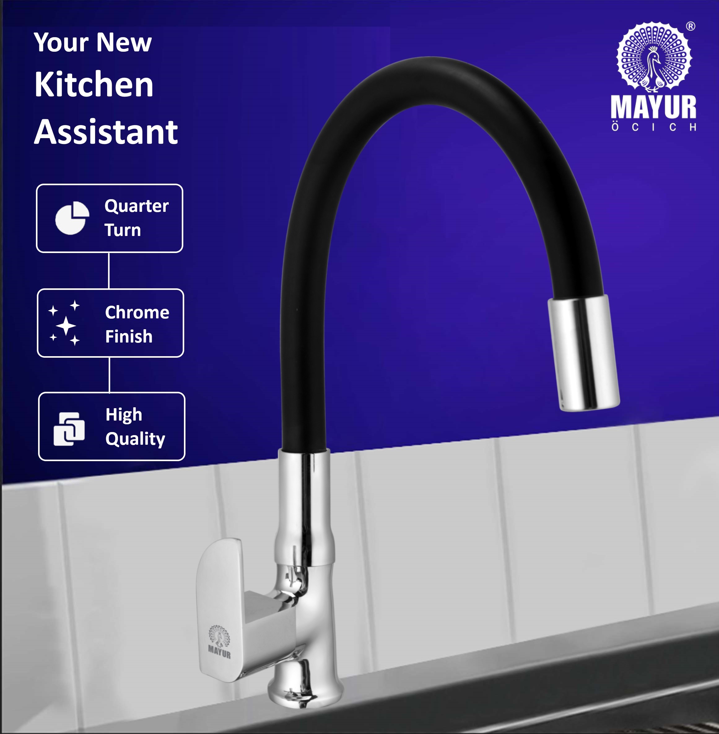 MAYUR ÖCICH Brass Swan Neck Kitchen Sink Tap With Flexible Silicone Swivel Spout | 360 Rotation | Cold Water Faucet | Chrome & Matte Black Finish | 10-Year Warranty - Image 2
