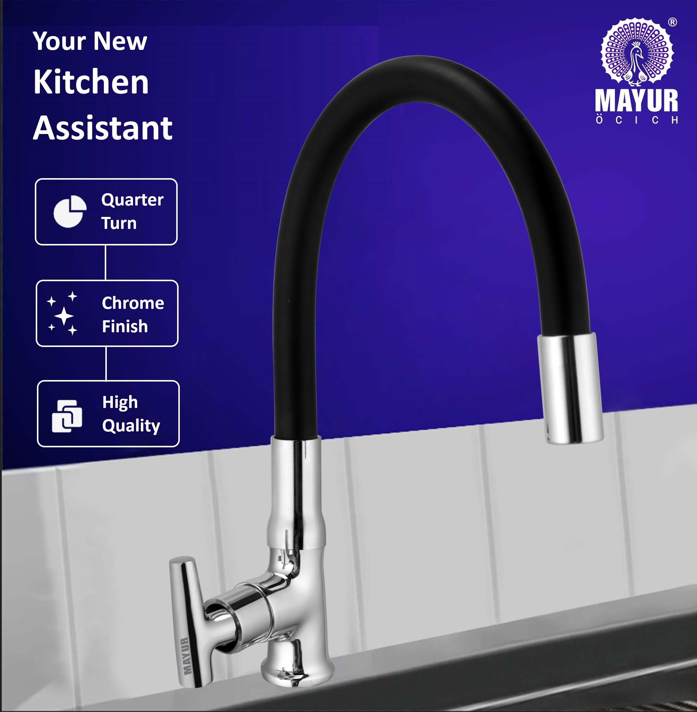 MAYUR ÖCICH Brass Swan Neck Kitchen Sink Tap With Flexible Silicone Swivel Spout | 360 Rotation | Cold Water Faucet | Chrome & Matte Black Finish | 10-Year Warranty - Image 2