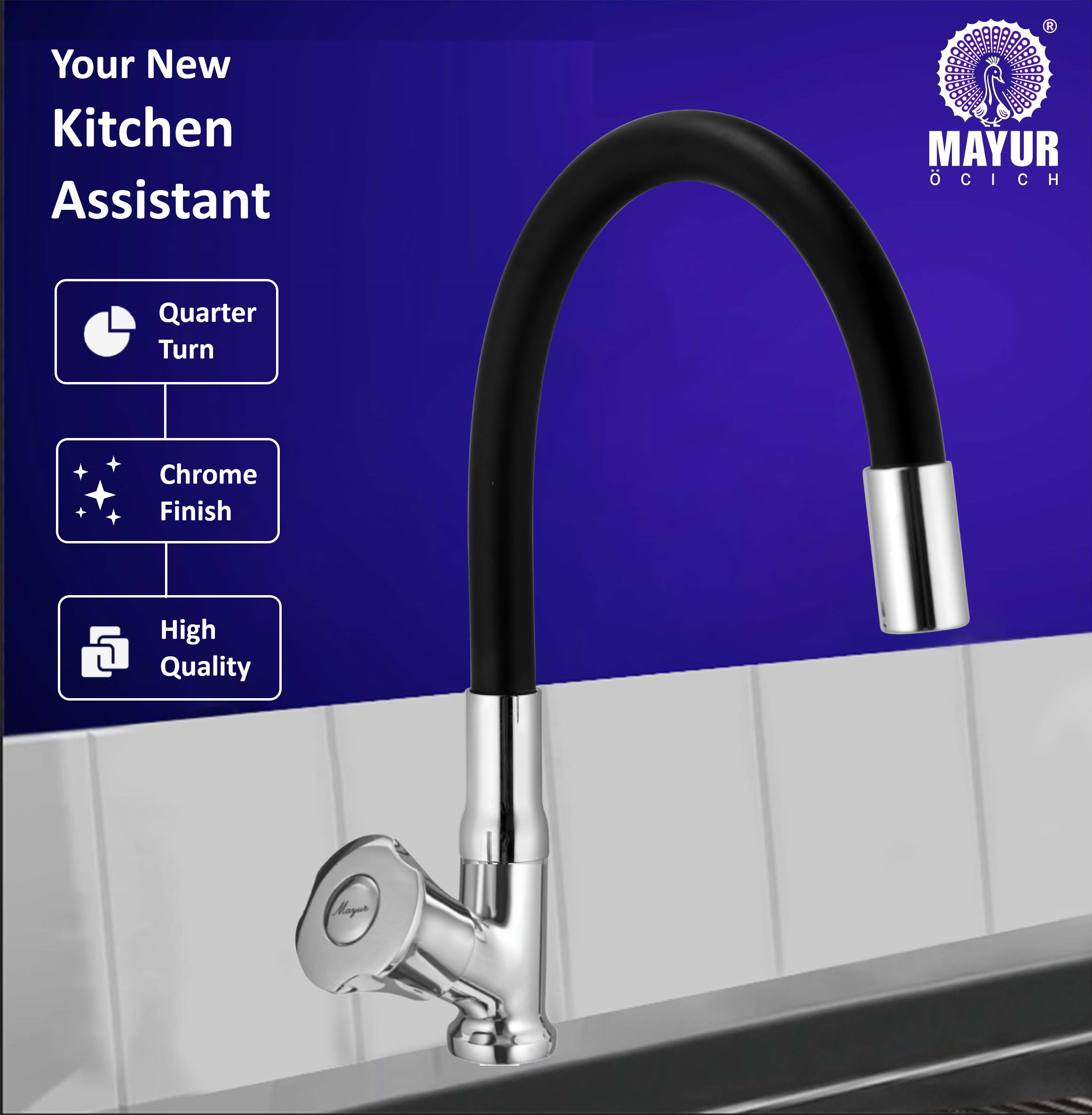 MAYUR ÖCICH Brass Swan Neck Kitchen Sink Tap With Flexible Silicone Swivel Spout | 360 Rotation | Cold Water Faucet | Chrome & Matte Black Finish | 10-Year Warranty - Image 2