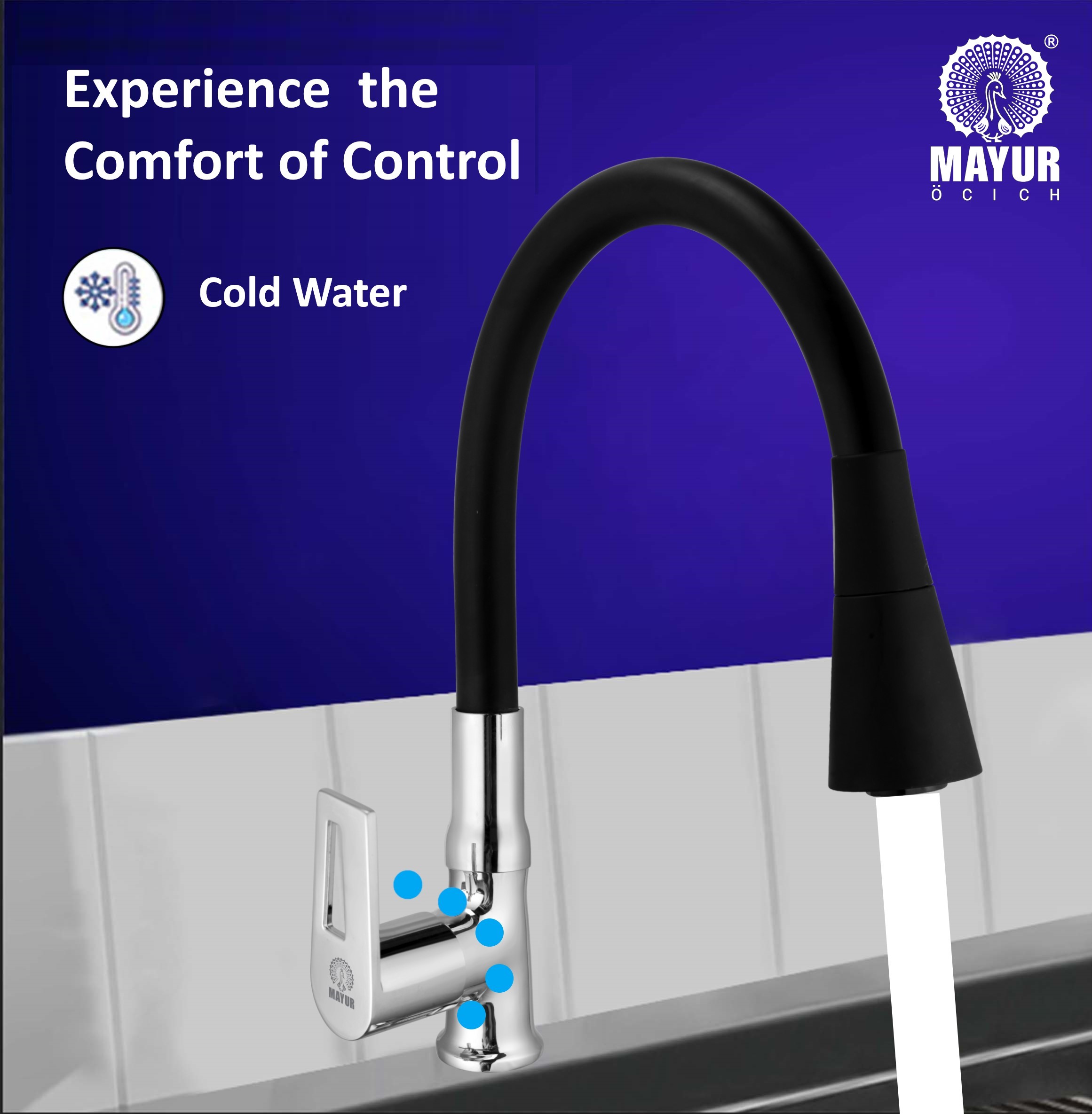 MAYUR ÖCICH Brass Swan Neck Kitchen Sink Tap With Flexible Dual Flow Spout | 360 Swivel | Cold Water Faucet With Silicone Spout | Chrome Finish | Premium Brass Build | 10-Year Warranty (ARIA) - Image 2