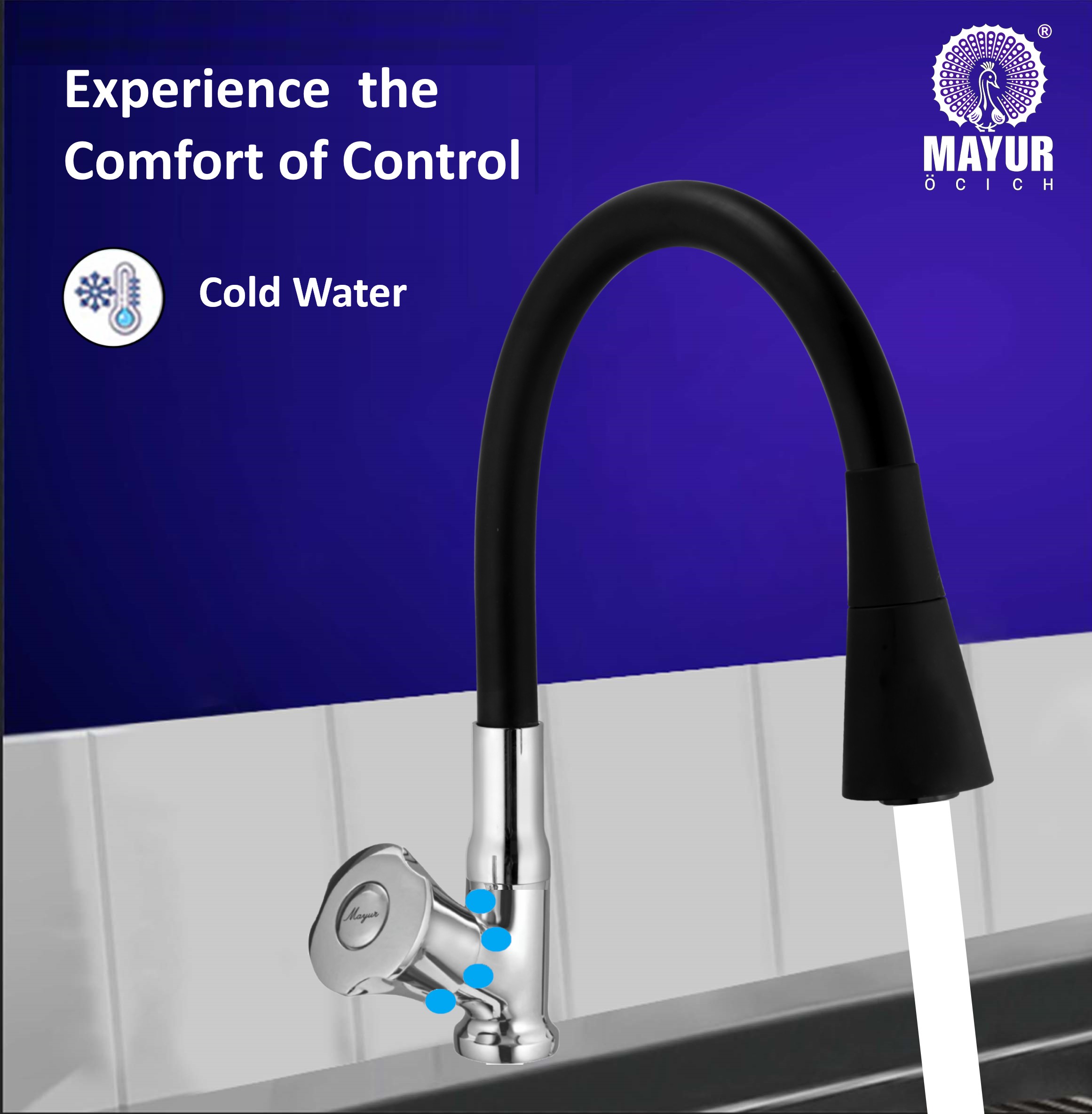 MAYUR ÖCICH Brass Swan Neck Kitchen Sink Tap With Flexible Dual Flow Spout | 360 Swivel | Cold Water Faucet With Silicone Spout | Chrome Finish | Premium Brass Build | 10-Year Warranty (SLEEK) - Image 2