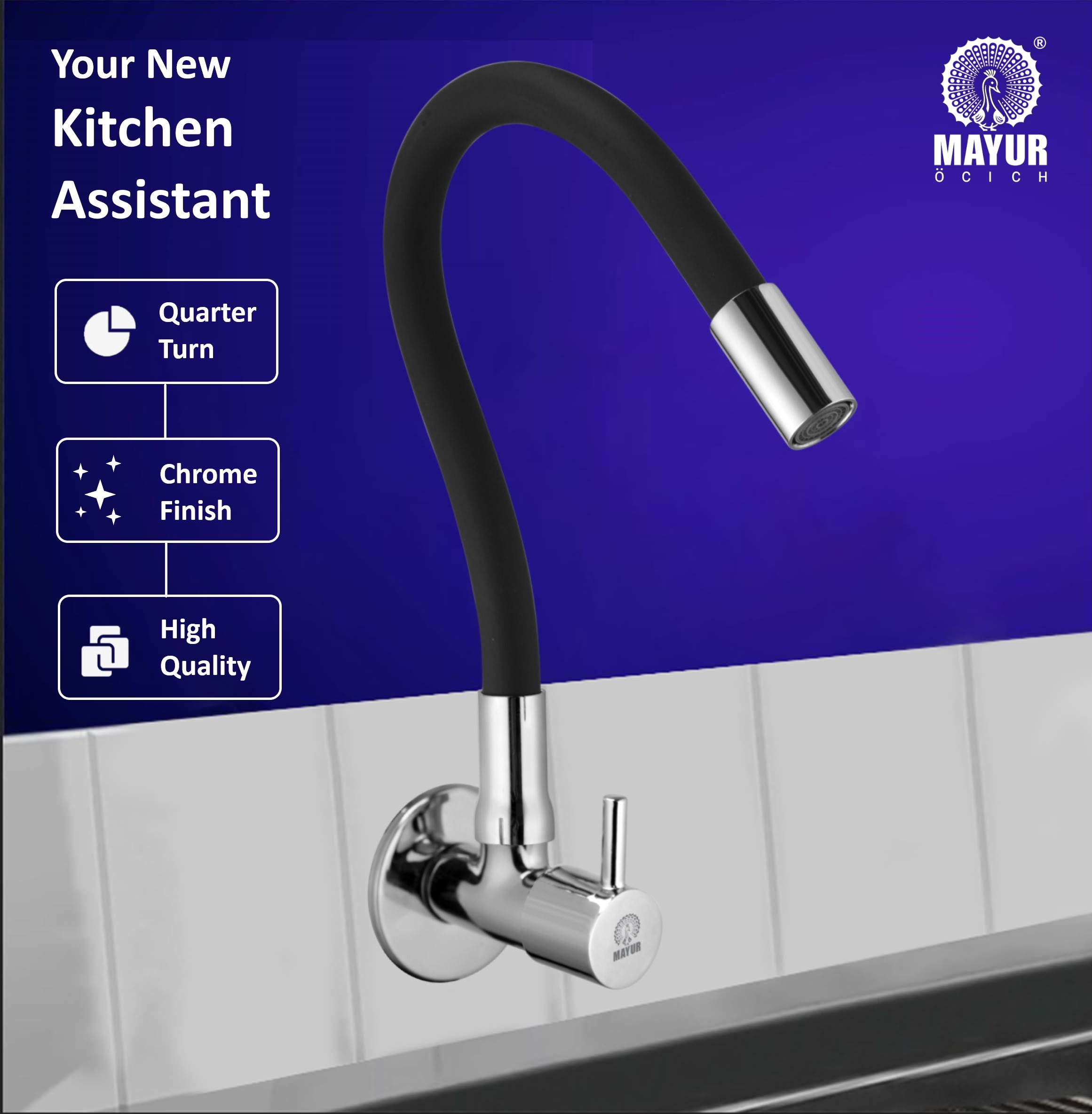 MAYUR ÖCICH Brass Kitchen Tap For Sink | Flexible Swivel Spout | Chrome & Matte Black | Cold Water Sink Cock | Premium Brass + Silicone | 10 Years Warranty (FLARO-7501-Sf) - Image 2
