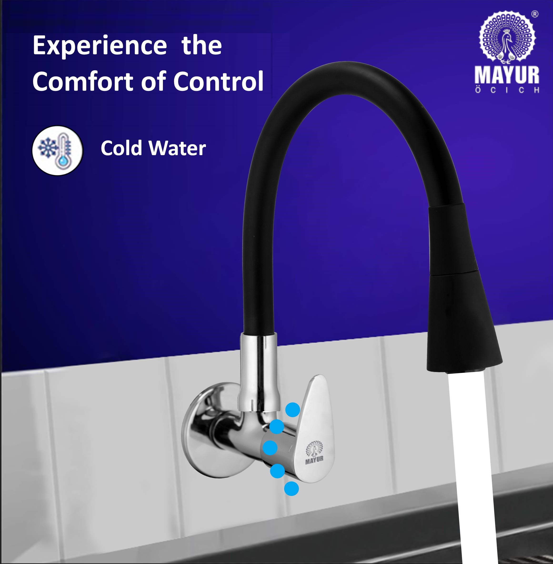 MAYUR ÖCICH Brass Kitchen Sink Tap Faucet With Flexible Dual Flow Silicone Spout | 360 Swivel | Chrome & Matte Black Finish | Cold Water Wall Mounted Faucet With Flange | 10-Year Warranty (TRENDY) - Image 2