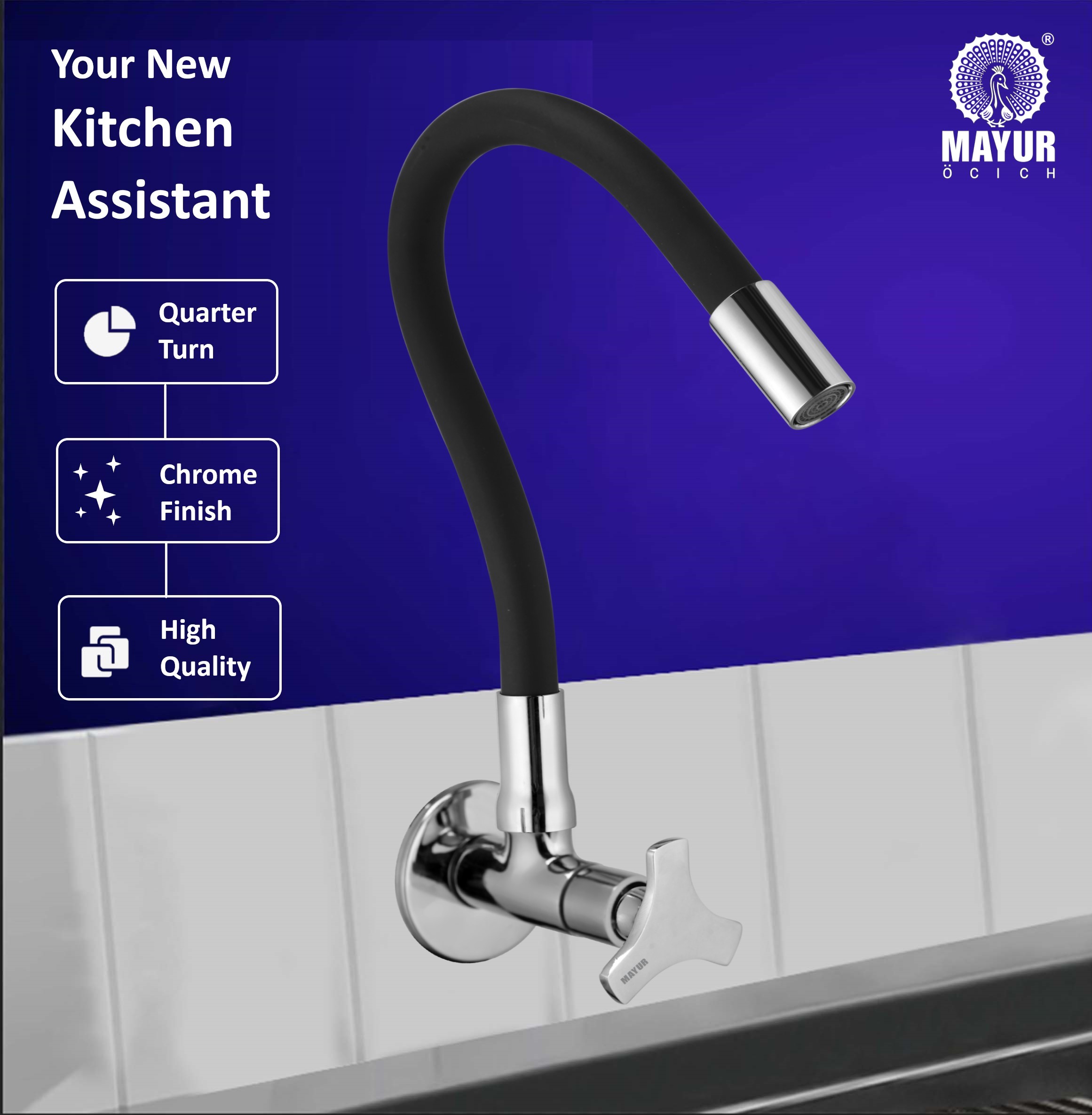 MAYUR ÖCICH Brass Kitchen Tap For Sink | Flexible Swivel Spout | Chrome & Matte Black | Cold Water Sink Cock | Premium Brass + Silicone | 10 Years Warranty (TRIO-501-Sf) - Image 2