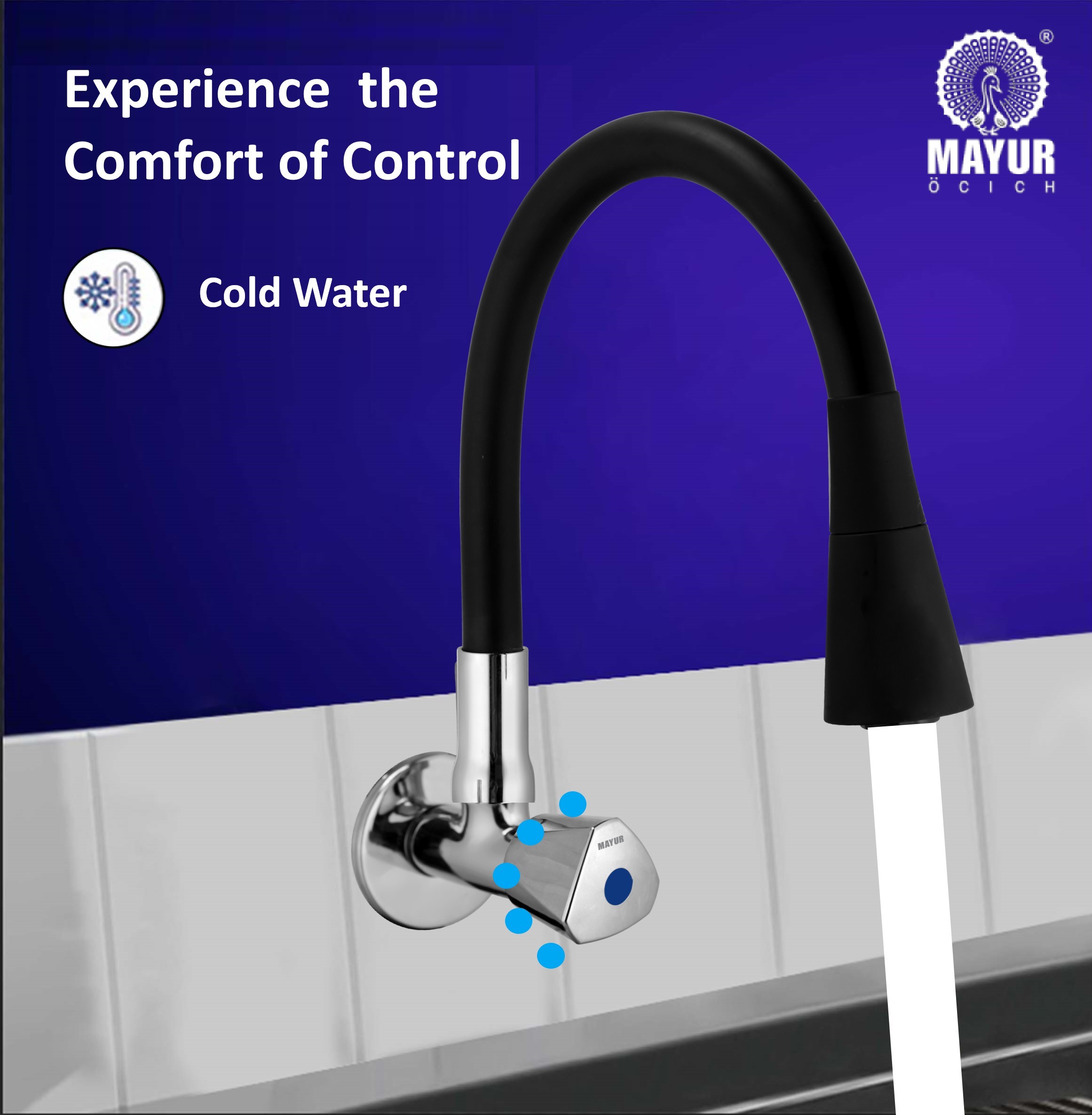 MAYUR ÖCICH Brass Kitchen Sink Tap Faucet With Flexible Dual Flow Silicone Spout | 360 Swivel | Chrome & Matte Black Finish | Cold Water Wall Mounted Faucet With Flange | 10-Year Warranty (TRI) - Image 2