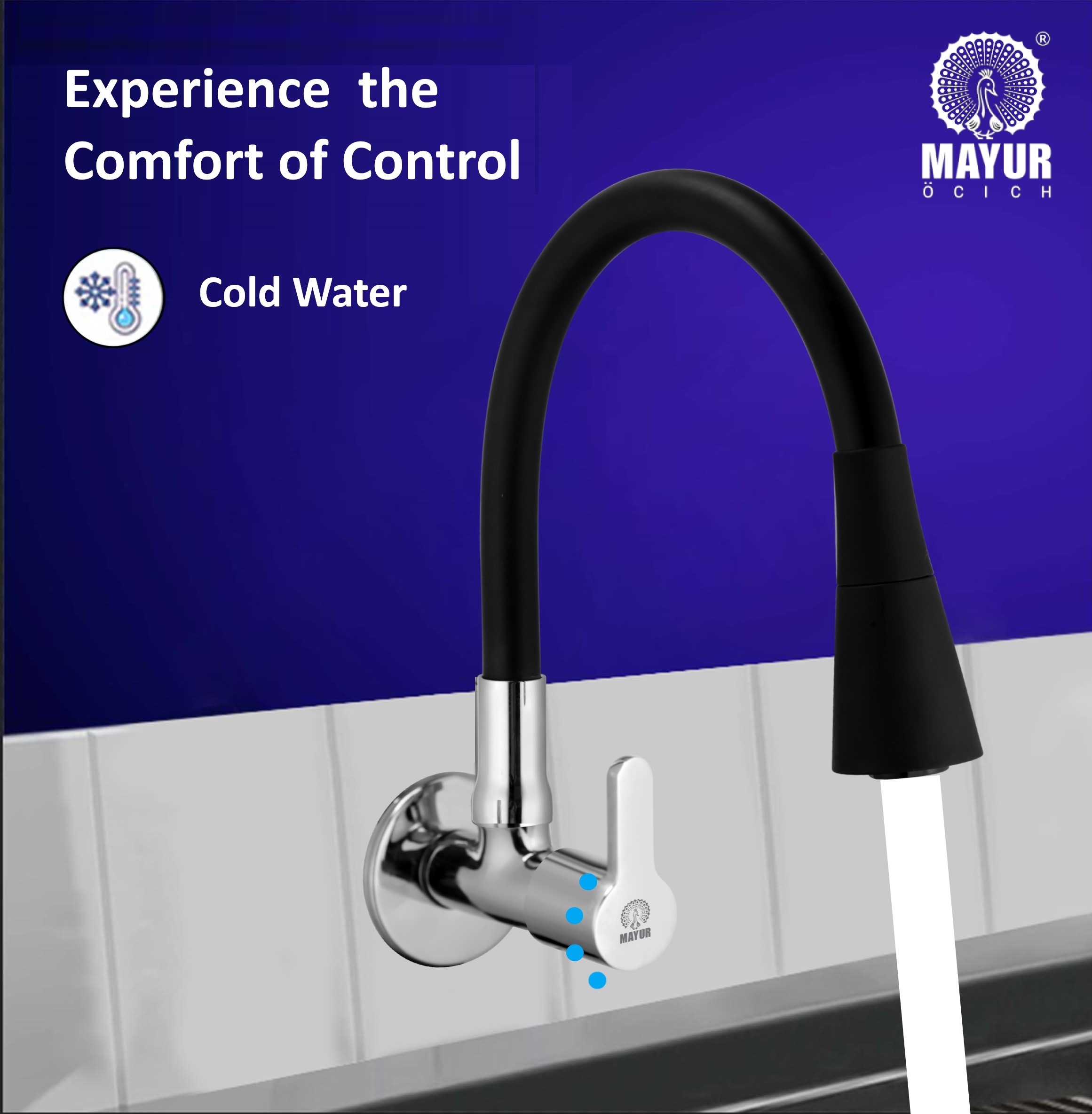 MAYUR ÖCICH Brass Kitchen Sink Tap Faucet With Flexible Dual Flow Silicone Spout | 360 Swivel | Chrome & Matte Black Finish | Cold Water Wall Mounted Faucet With Flange | 10-Year Warranty (FUSION) - Image 2