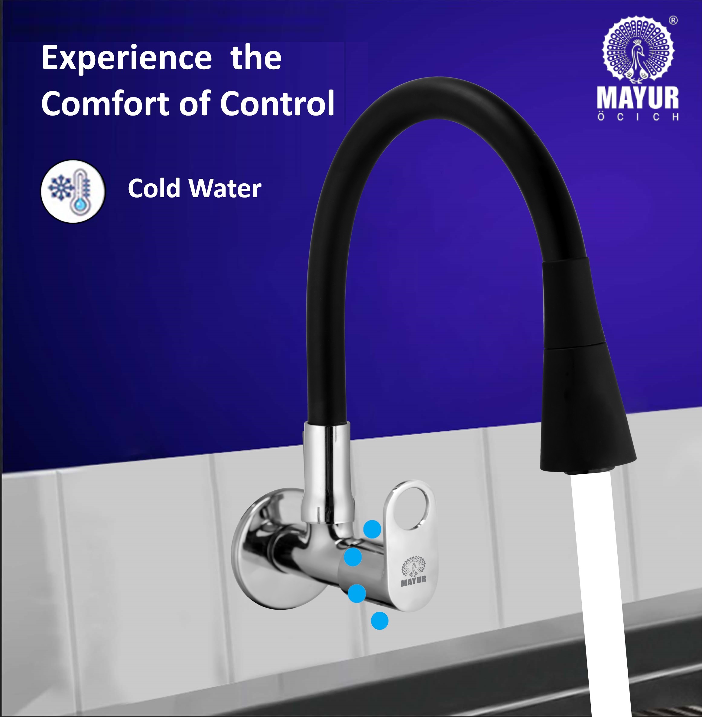 MAYUR ÖCICH Brass Kitchen Sink Tap Faucet With Flexible Dual Flow Silicone Spout | 360 Swivel | Chrome & Matte Black Finish | Cold Water Wall Mounted Faucet With Flange | 10-Year Warranty (ORNIX) - Image 2