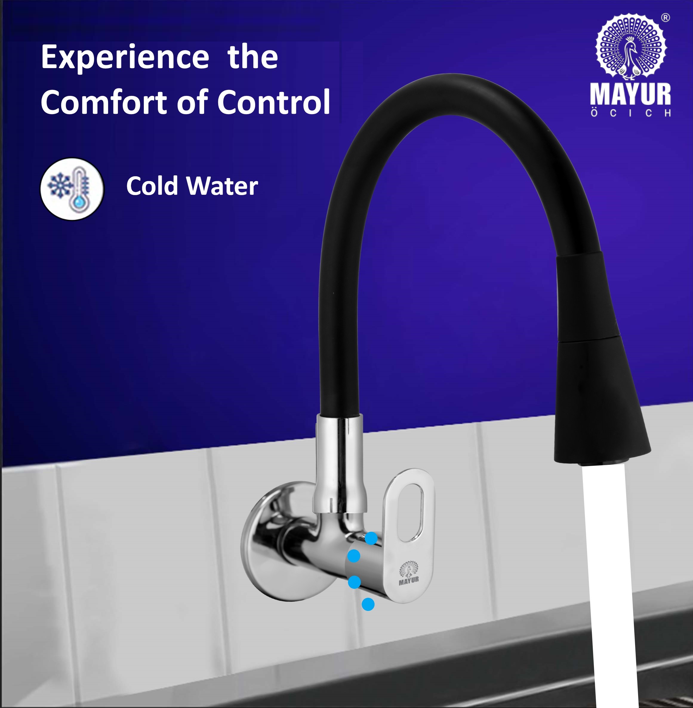 MAYUR ÖCICH Brass Kitchen Sink Tap Faucet With Flexible Dual Flow Silicone Spout | 360 Swivel | Chrome & Matte Black Finish | Cold Water Wall Mounted Faucet With Flange | 10-Year Warranty (MILANO) - Image 2