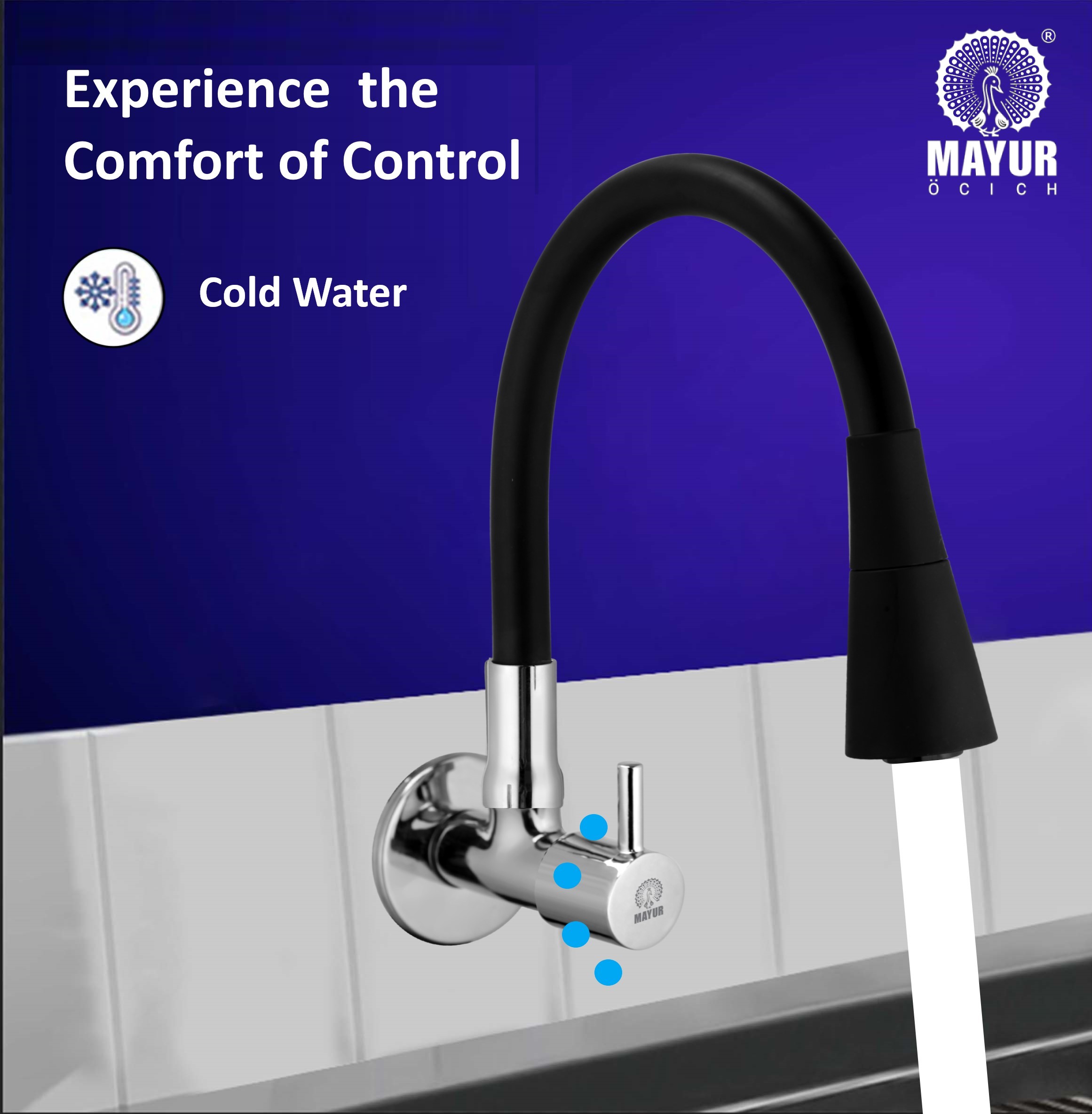 MAYUR ÖCICH Brass Kitchen Sink Tap Faucet With Flexible Dual Flow Silicone Spout | 360 Swivel | Chrome & Matte Black Finish | Cold Water Wall Mounted Faucet With Flange | 10-Year Warranty (FLARO) - Image 2