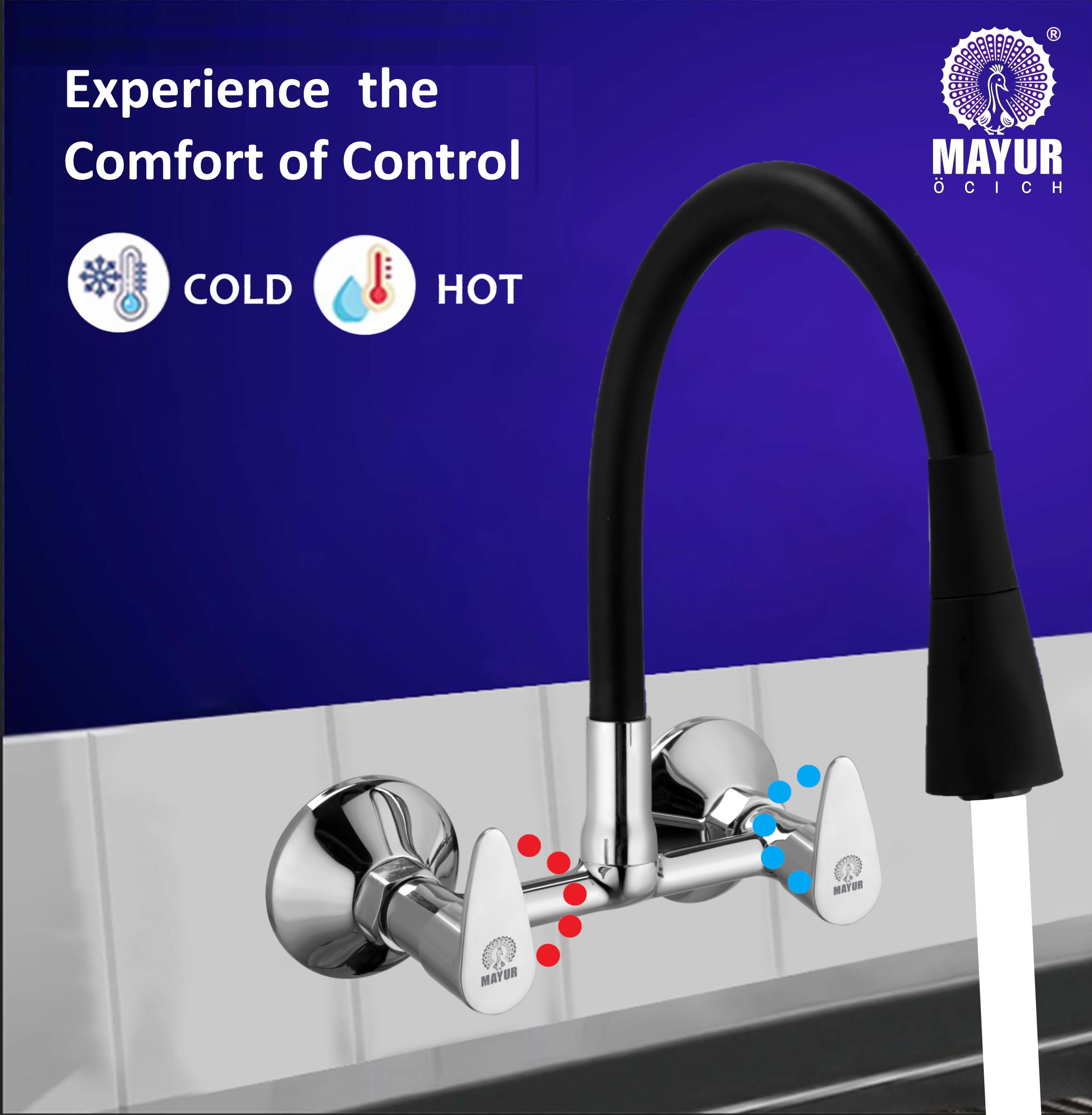 MAYUR ÖCICH Brass Kitchen Sink Mixer Tap With Flexible Dual Flow Spout | Hot & Cold Wall Mounted Faucet With 360 Swivel & Twist Function | Chrome Finish, Dual Handle, 10-Year Warranty - Image 2