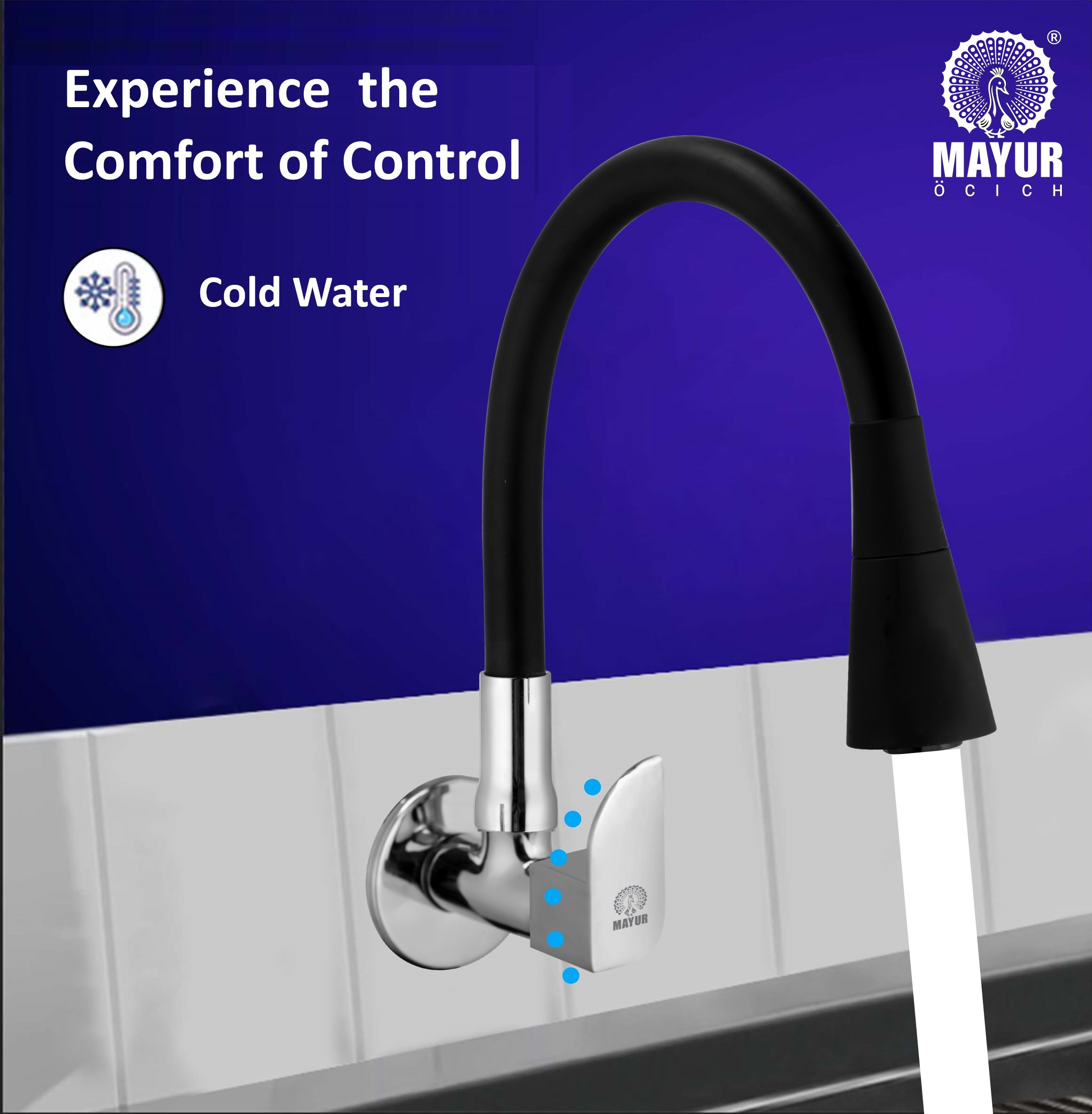 MAYUR ÖCICH Brass Kitchen Sink Tap Faucet With Flexible Dual Flow Silicone Spout | 360 Swivel | Chrome & Matte Black Finish | Cold Water Wall Mounted Faucet With Flange | 10-Year Warranty (ALIVE) - Image 2