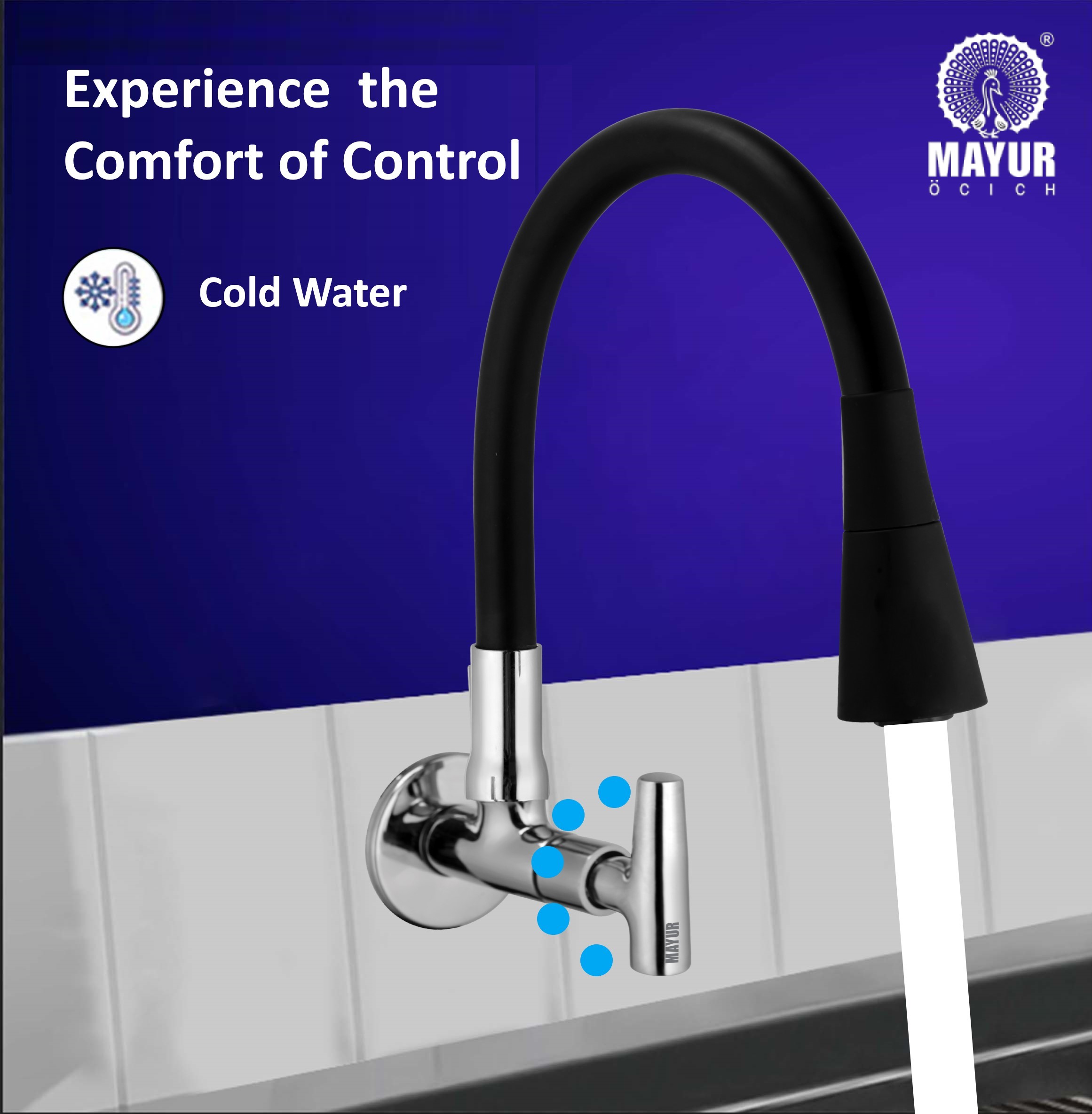 MAYUR ÖCICH Brass Kitchen Sink Tap Faucet With Flexible Dual Flow Silicone Spout | 360 Swivel | Chrome & Matte Black Finish | Cold Water Wall Mounted Faucet With Flange | 10-Year Warranty (PIPER) - Image 2