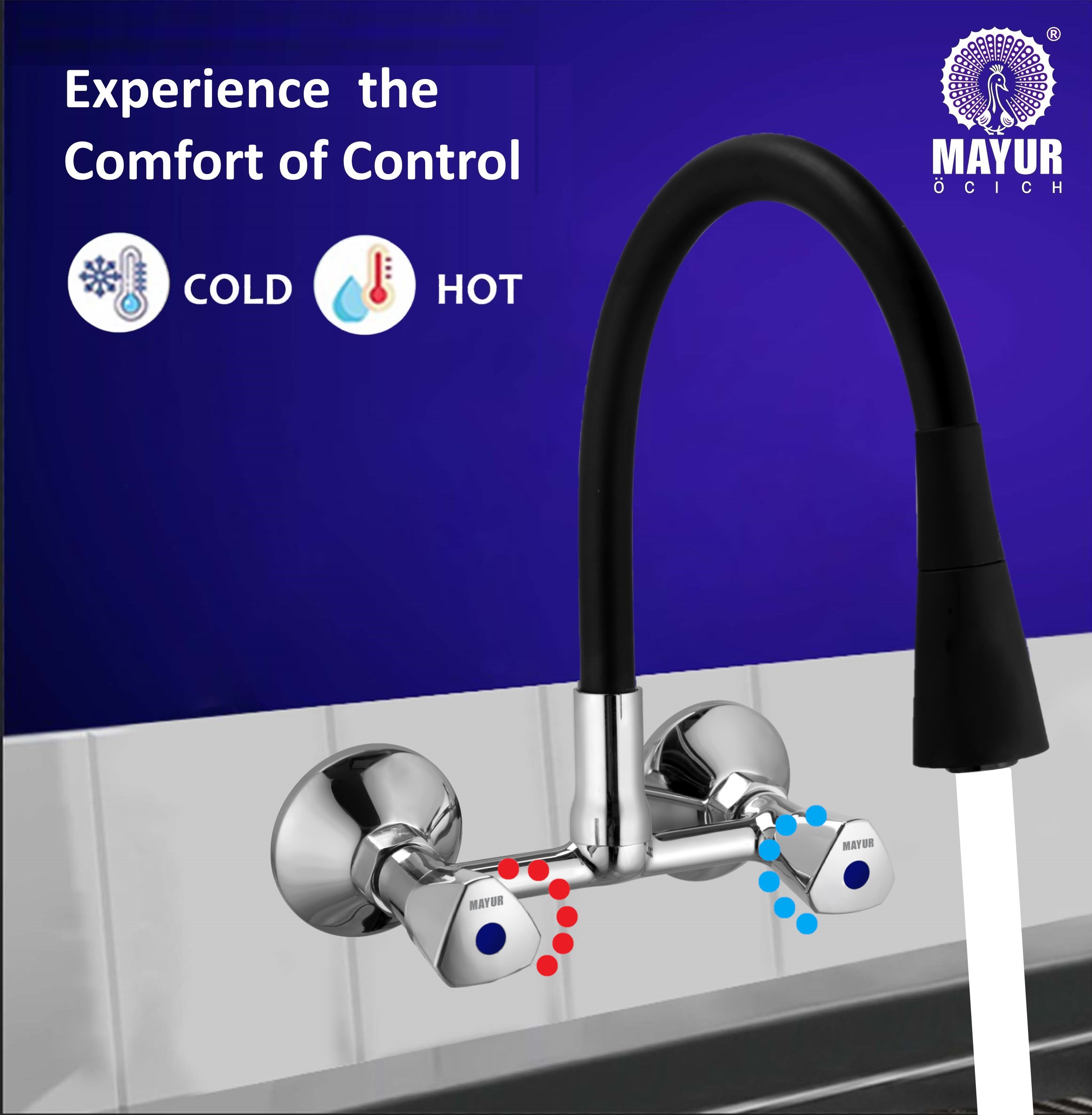 MAYUR ÖCICH Brass Kitchen Sink Mixer Tap With Flexible Dual Flow Spout | Hot & Cold Wall Mounted Faucet With 360 Swivel & Twist Function | Chrome Finish, Dual Handle, 10-Year Warranty - Image 2
