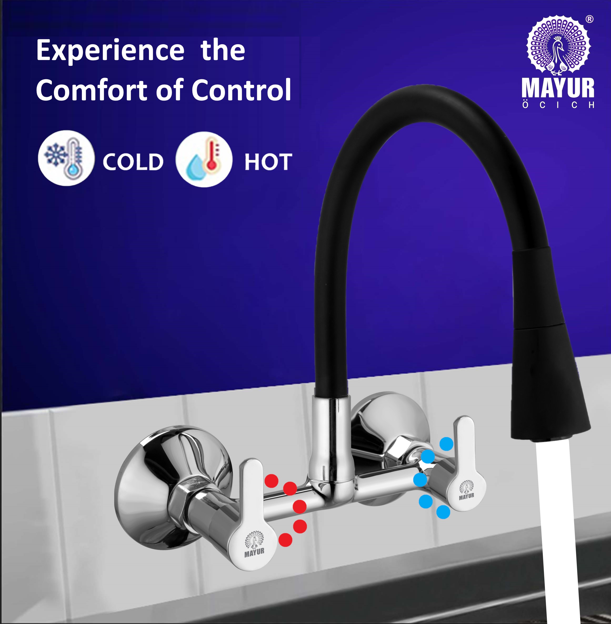 MAYUR ÖCICH Brass Kitchen Sink Mixer Tap With Flexible Dual Flow Spout | Hot & Cold Wall Mounted Faucet With 360 Swivel & Twist Function | Chrome Finish, Dual Handle, 10-Year Warranty - Image 2
