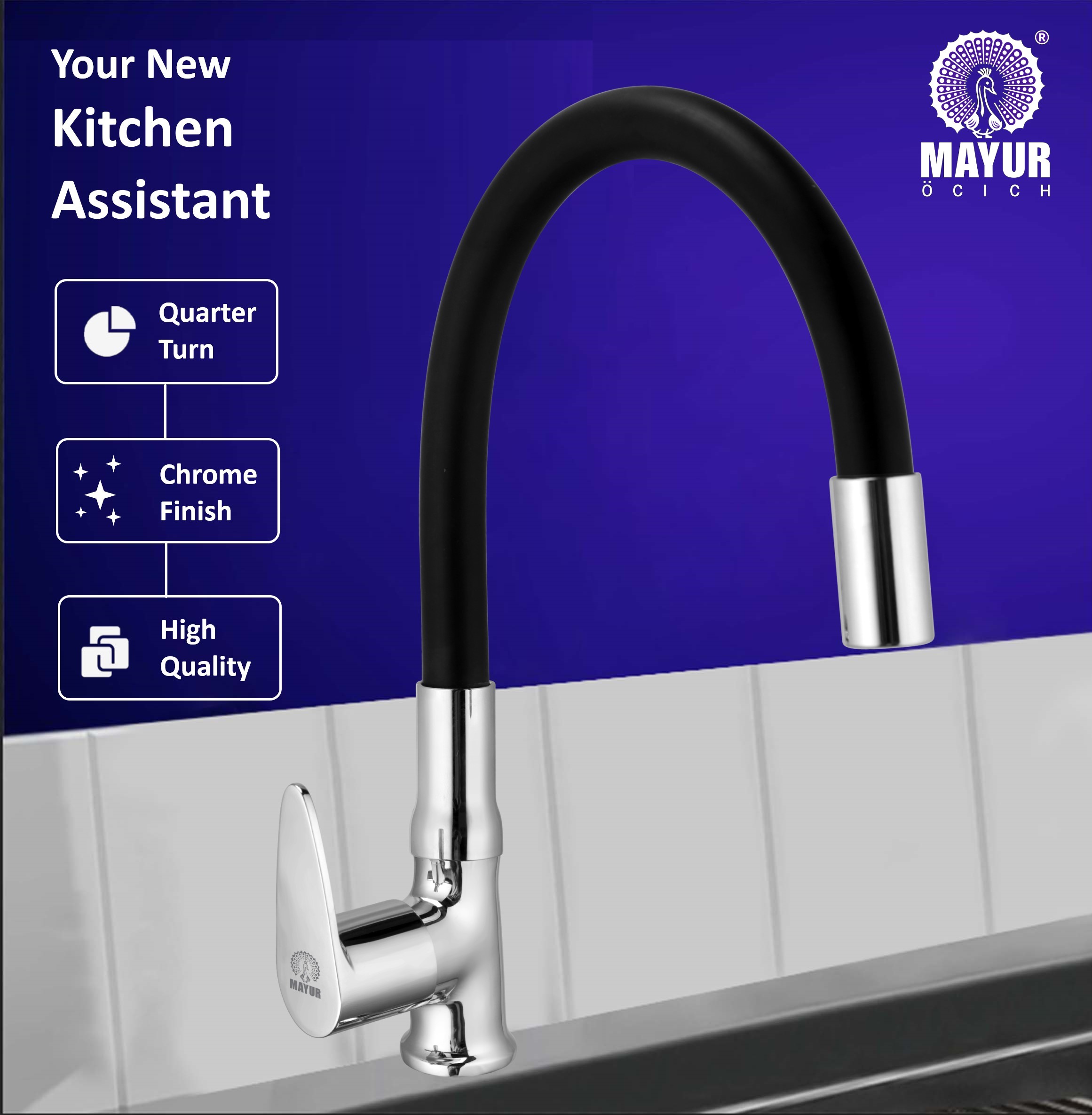 MAYUR ÖCICH Brass Swan Neck Kitchen Sink Tap With Flexible Silicone Swivel Spout | 360 Rotation | Cold Water Faucet | Chrome & Matte Black Finish | 10-Year Warranty - Image 2