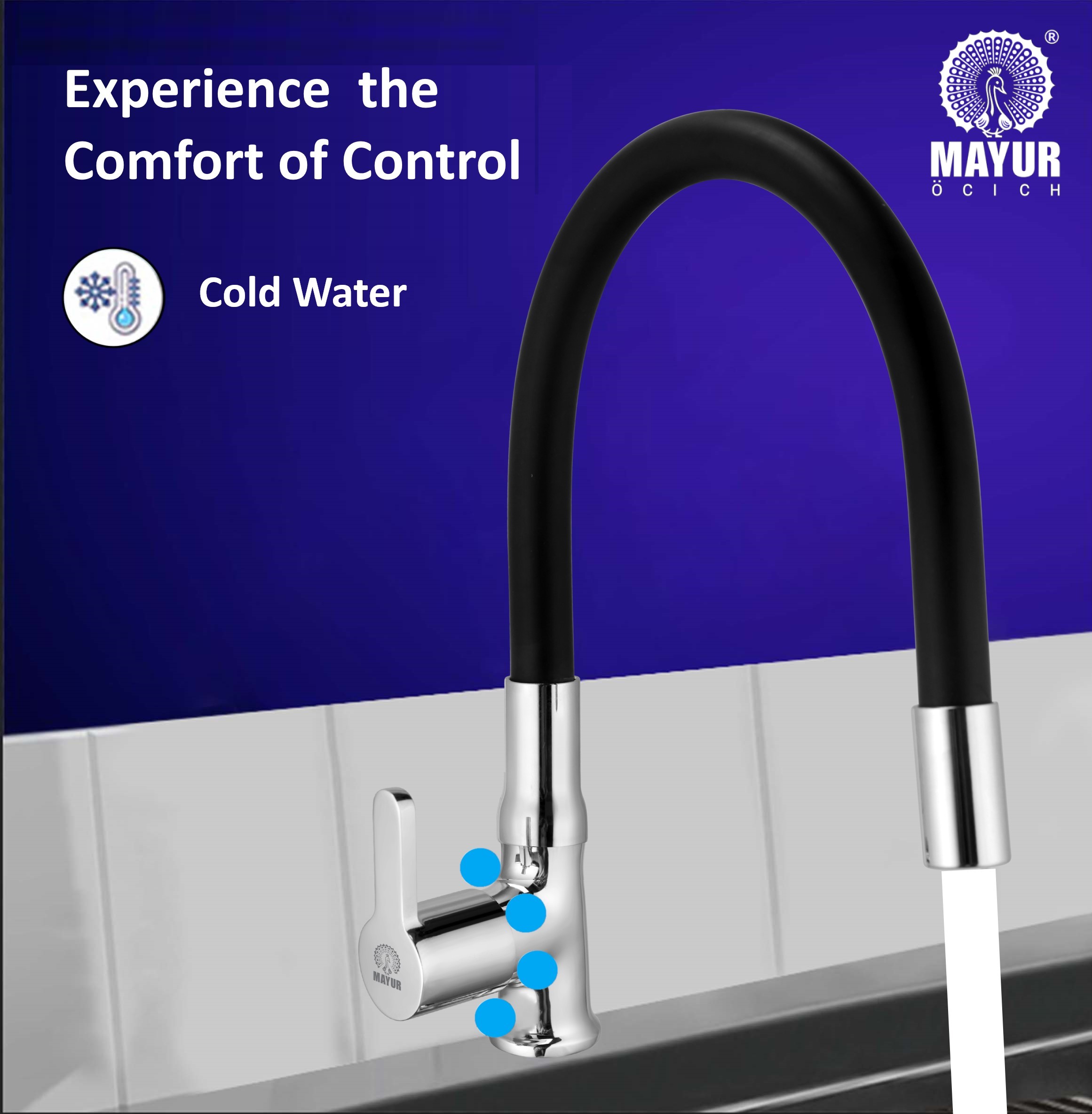 MAYUR ÖCICH Brass Swan Neck Kitchen Sink Tap With Flexible Silicone Swivel Spout | 360 Rotation | Cold Water Faucet | Chrome & Matte Black Finish | 10-Year Warranty - Image 3