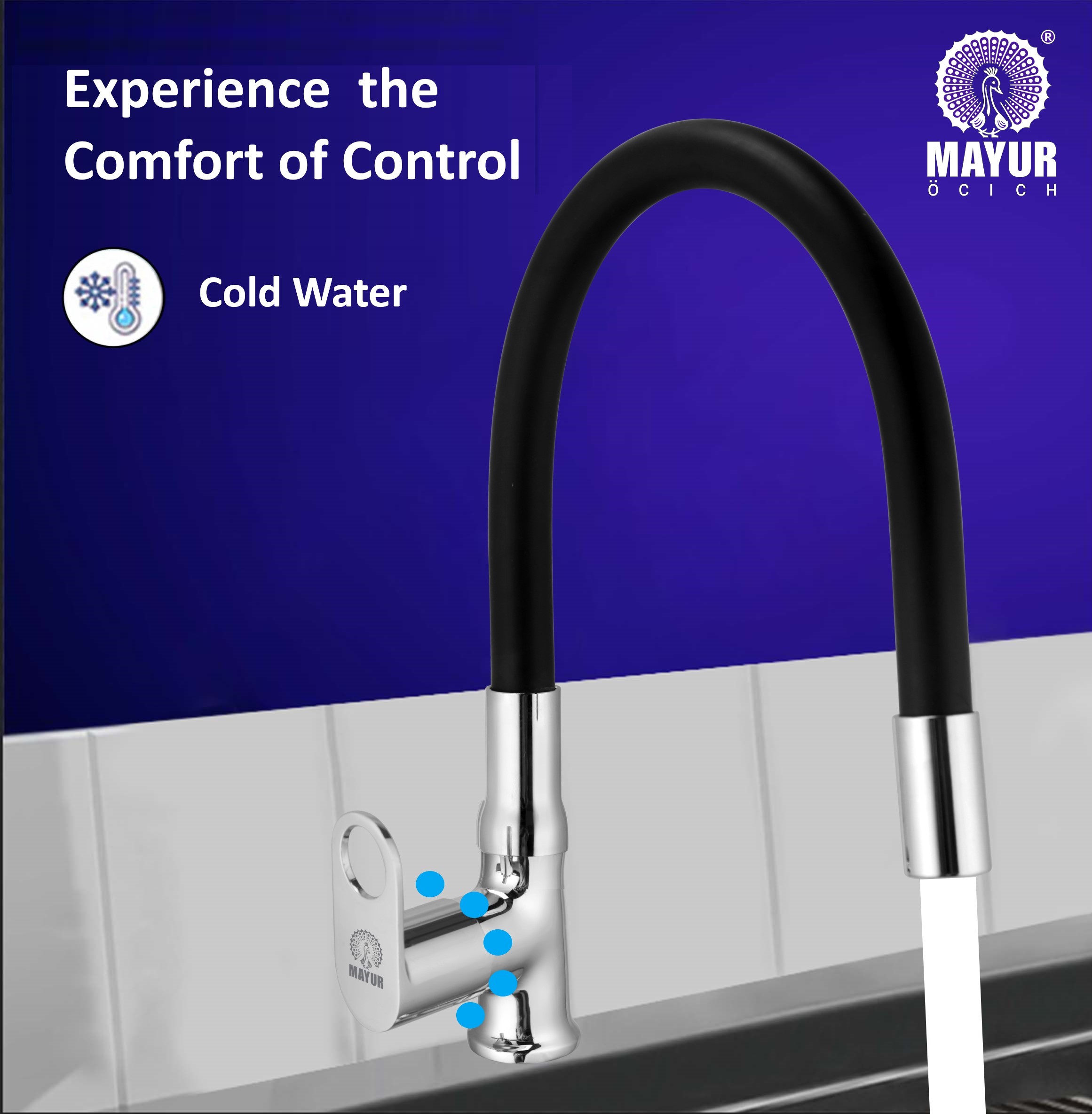 MAYUR ÖCICH Brass Swan Neck Kitchen Sink Tap With Flexible Silicone Swivel Spout | 360 Rotation | Cold Water Faucet | Chrome & Matte Black Finish | 10-Year Warranty - Image 3