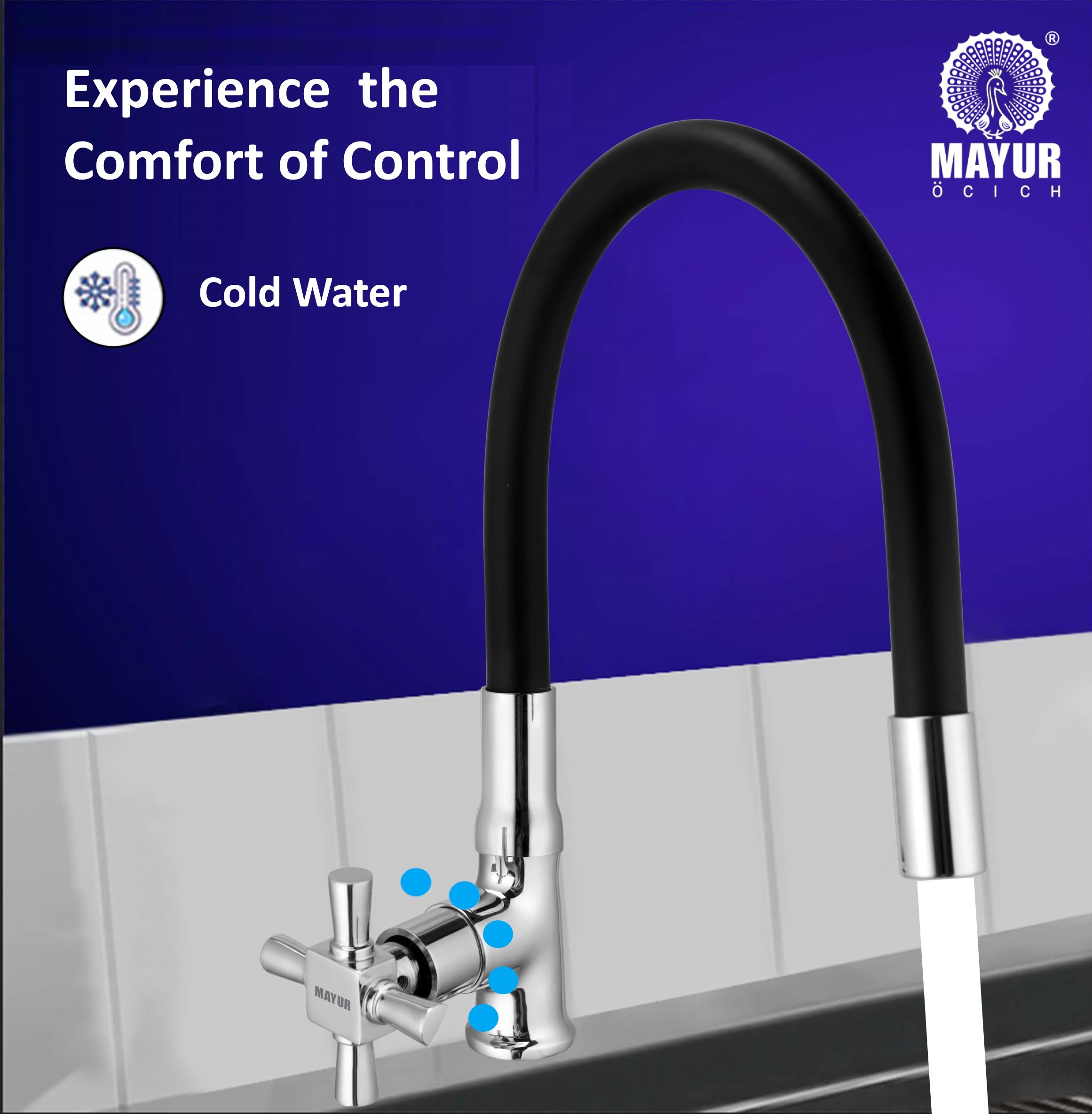 MAYUR ÖCICH Brass Swan Neck Kitchen Sink Tap With Flexible Silicone Swivel Spout | 360 Rotation | Cold Water Faucet | Chrome & Matte Black Finish | 10-Year Warranty - Image 3