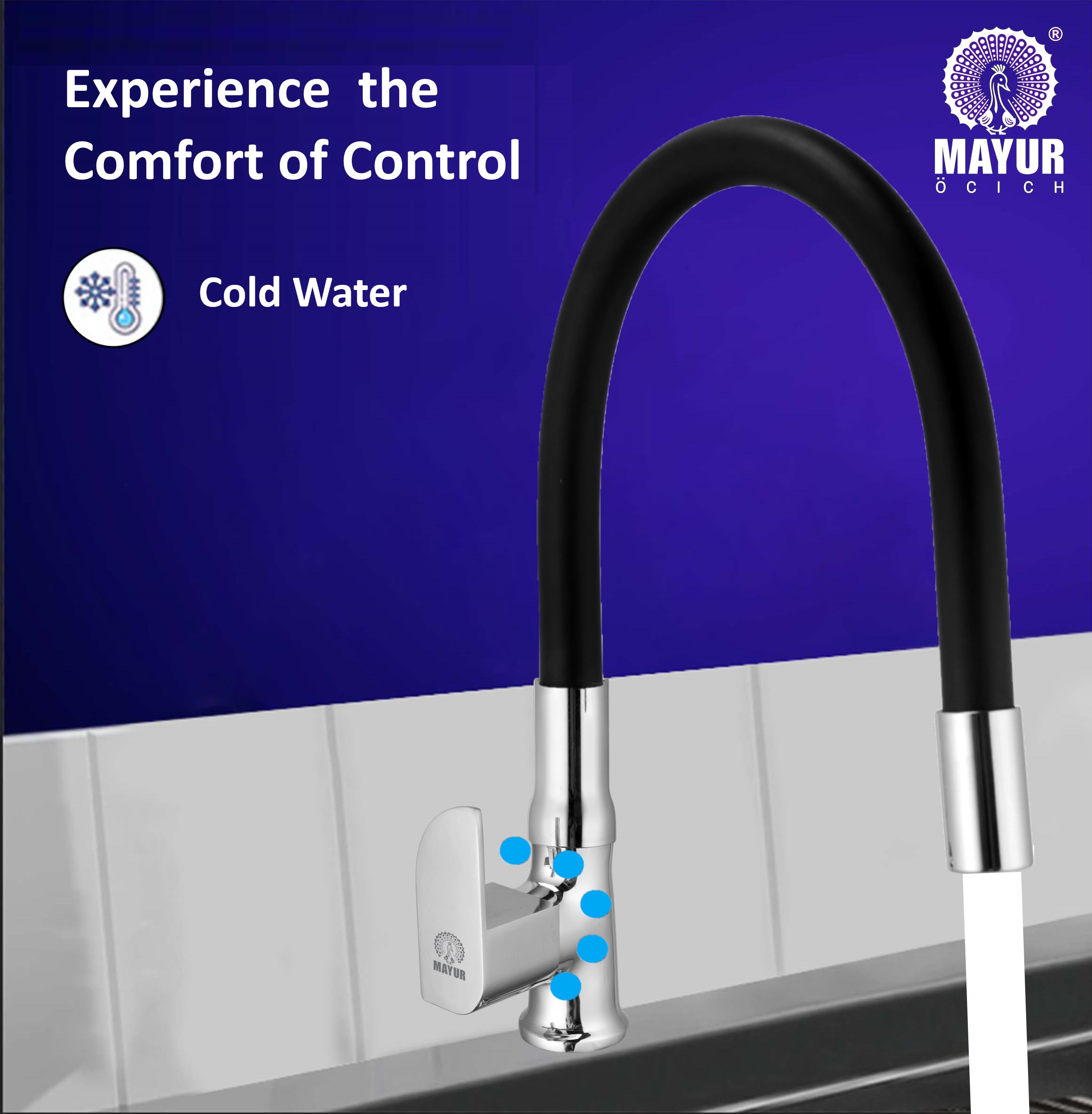 MAYUR ÖCICH Brass Swan Neck Kitchen Sink Tap With Flexible Silicone Swivel Spout | 360 Rotation | Cold Water Faucet | Chrome & Matte Black Finish | 10-Year Warranty - Image 3