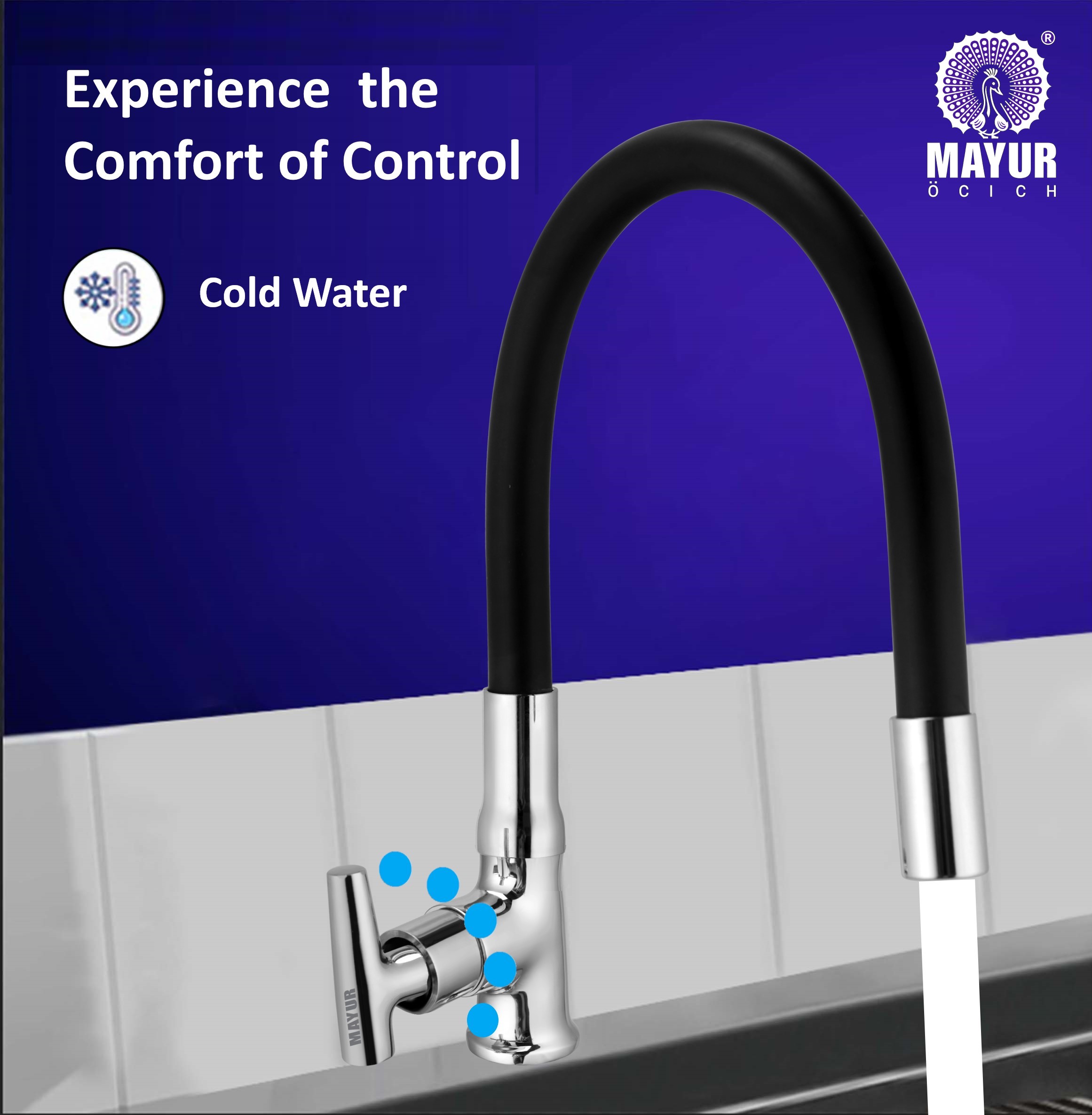 MAYUR ÖCICH Brass Swan Neck Kitchen Sink Tap With Flexible Silicone Swivel Spout | 360 Rotation | Cold Water Faucet | Chrome & Matte Black Finish | 10-Year Warranty - Image 3