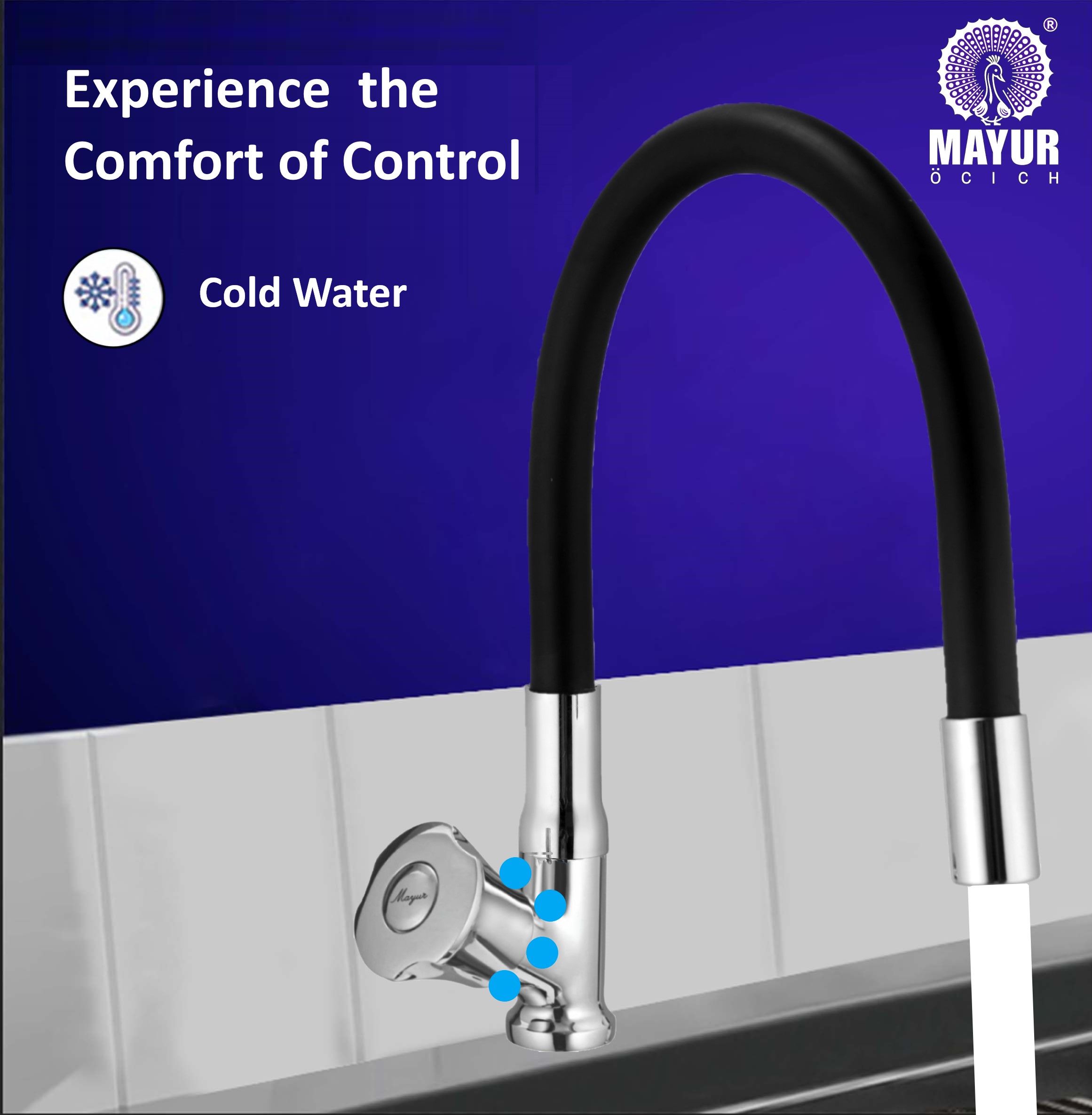 MAYUR ÖCICH Brass Swan Neck Kitchen Sink Tap With Flexible Silicone Swivel Spout | 360 Rotation | Cold Water Faucet | Chrome & Matte Black Finish | 10-Year Warranty - Image 3