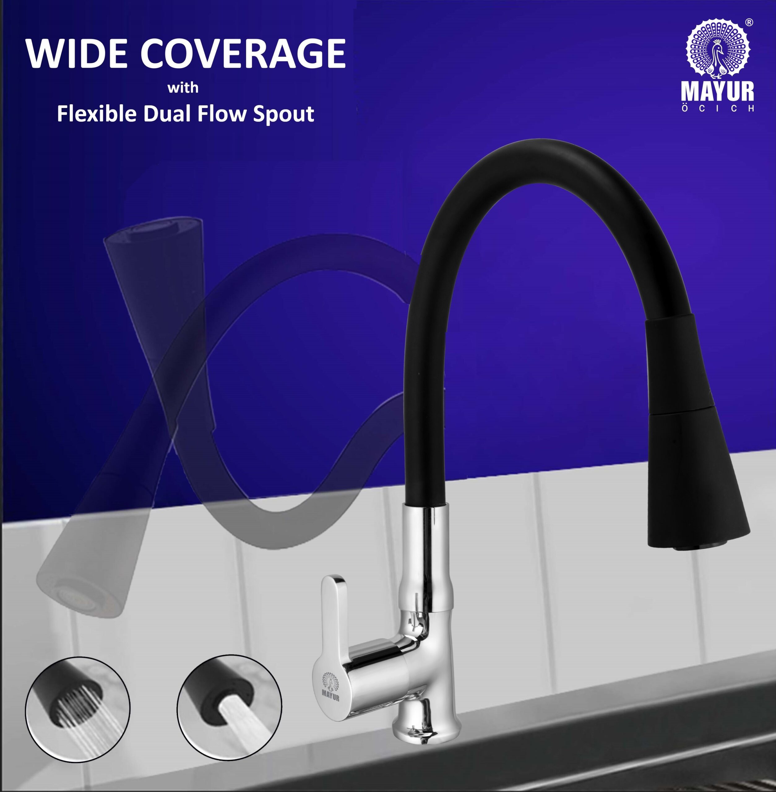 MAYUR ÖCICH Brass Swan Neck Kitchen Sink Tap With Flexible Dual Flow Spout | 360 Swivel | Cold Water Faucet With Silicone Spout | Chrome Finish | Premium Brass Build | 10-Year Warranty (FUSION) - Image 3