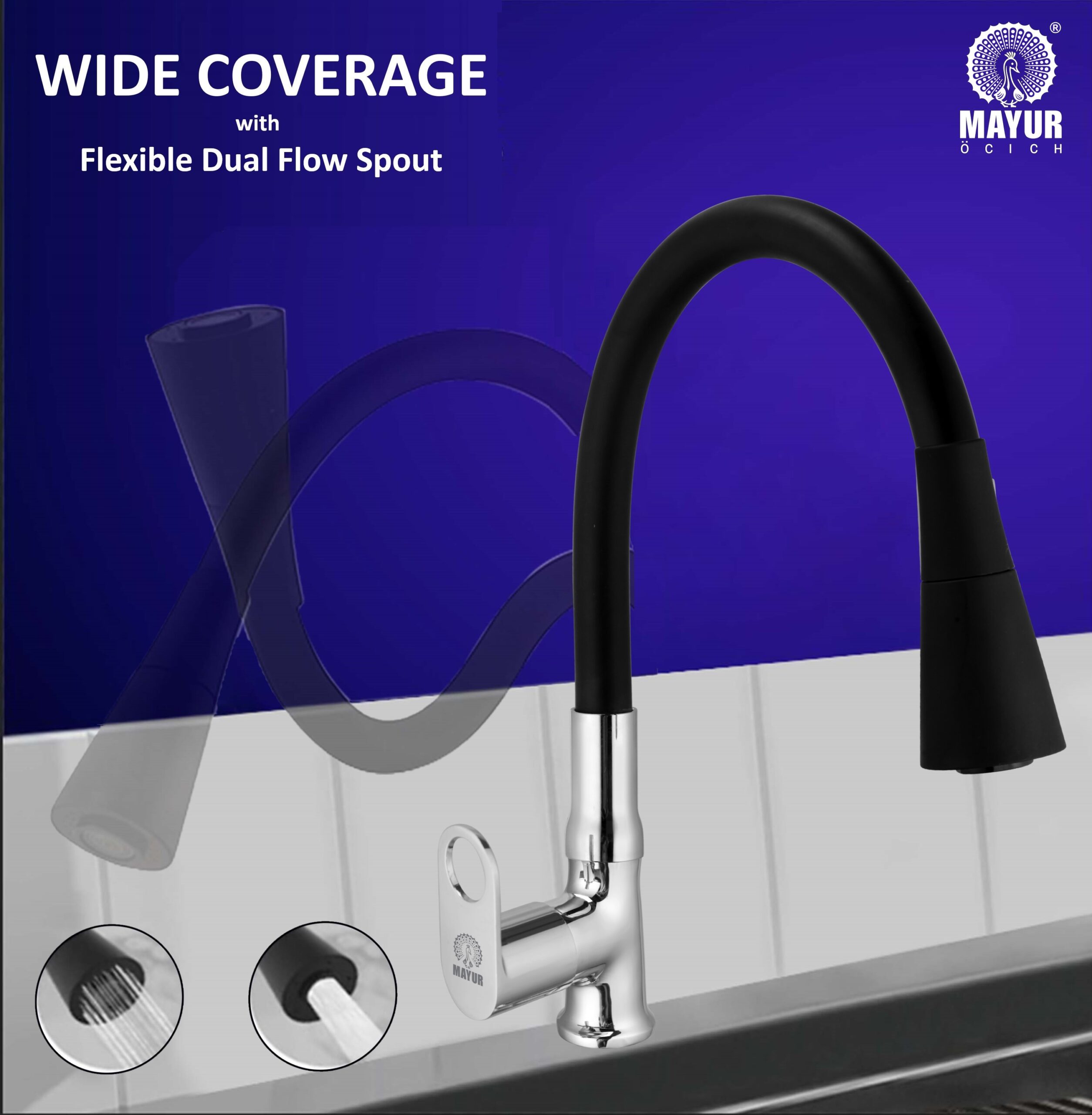 MAYUR ÖCICH Brass Swan Neck Kitchen Sink Tap With Flexible Dual Flow Spout | 360 Swivel | Cold Water Faucet With Silicone Spout | Chrome Finish | Premium Brass Build | 10-Year Warranty (ORNIX) - Image 3