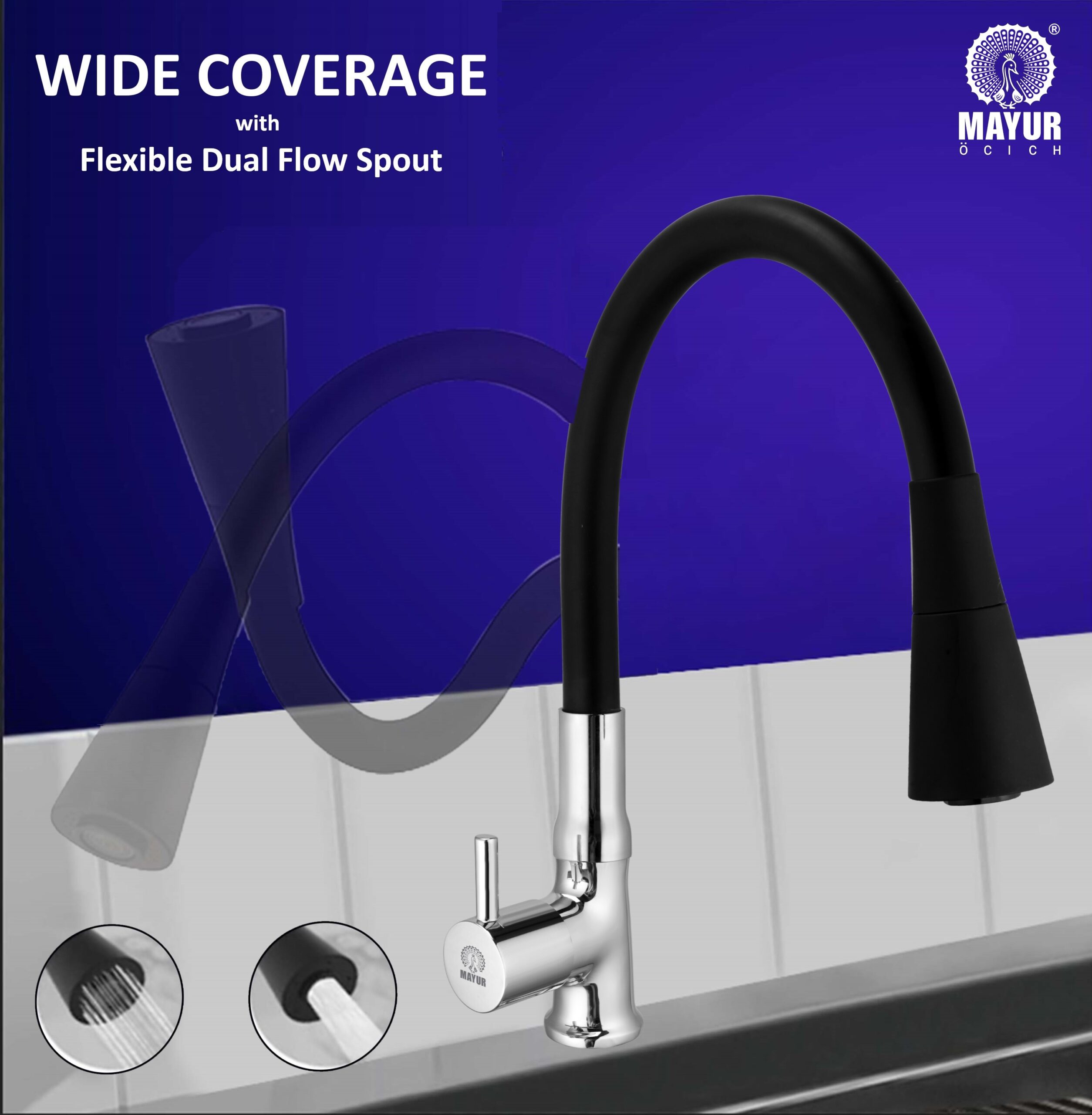 MAYUR ÖCICH Brass Swan Neck Kitchen Sink Tap With Flexible Dual Flow Spout | 360 Swivel | Cold Water Faucet With Silicone Spout | Chrome Finish | Premium Brass Build | 10-Year Warranty (FLARO) - Image 3