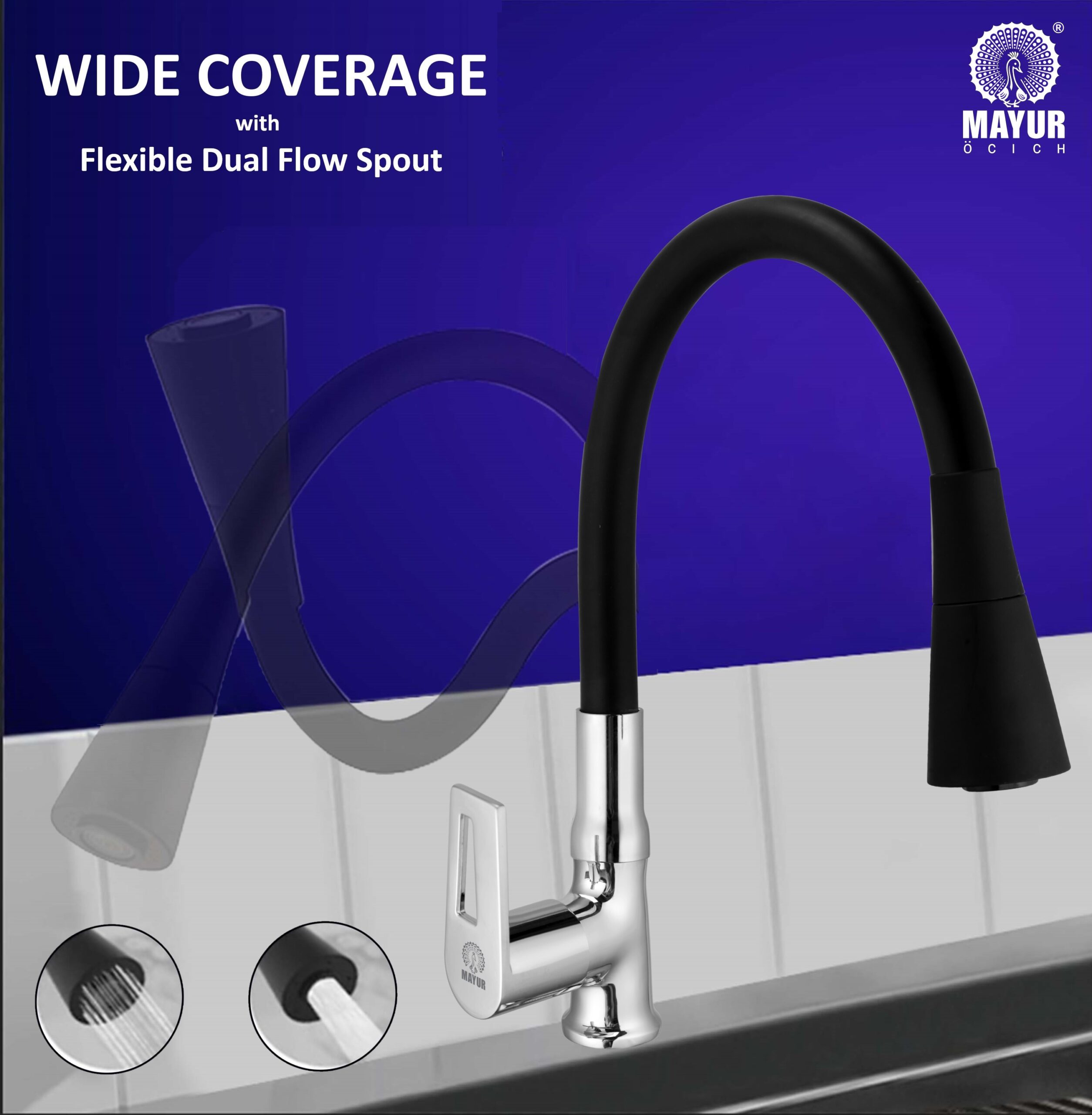 MAYUR ÖCICH Brass Swan Neck Kitchen Sink Tap With Flexible Dual Flow Spout | 360 Swivel | Cold Water Faucet With Silicone Spout | Chrome Finish | Premium Brass Build | 10-Year Warranty (ARIA) - Image 3