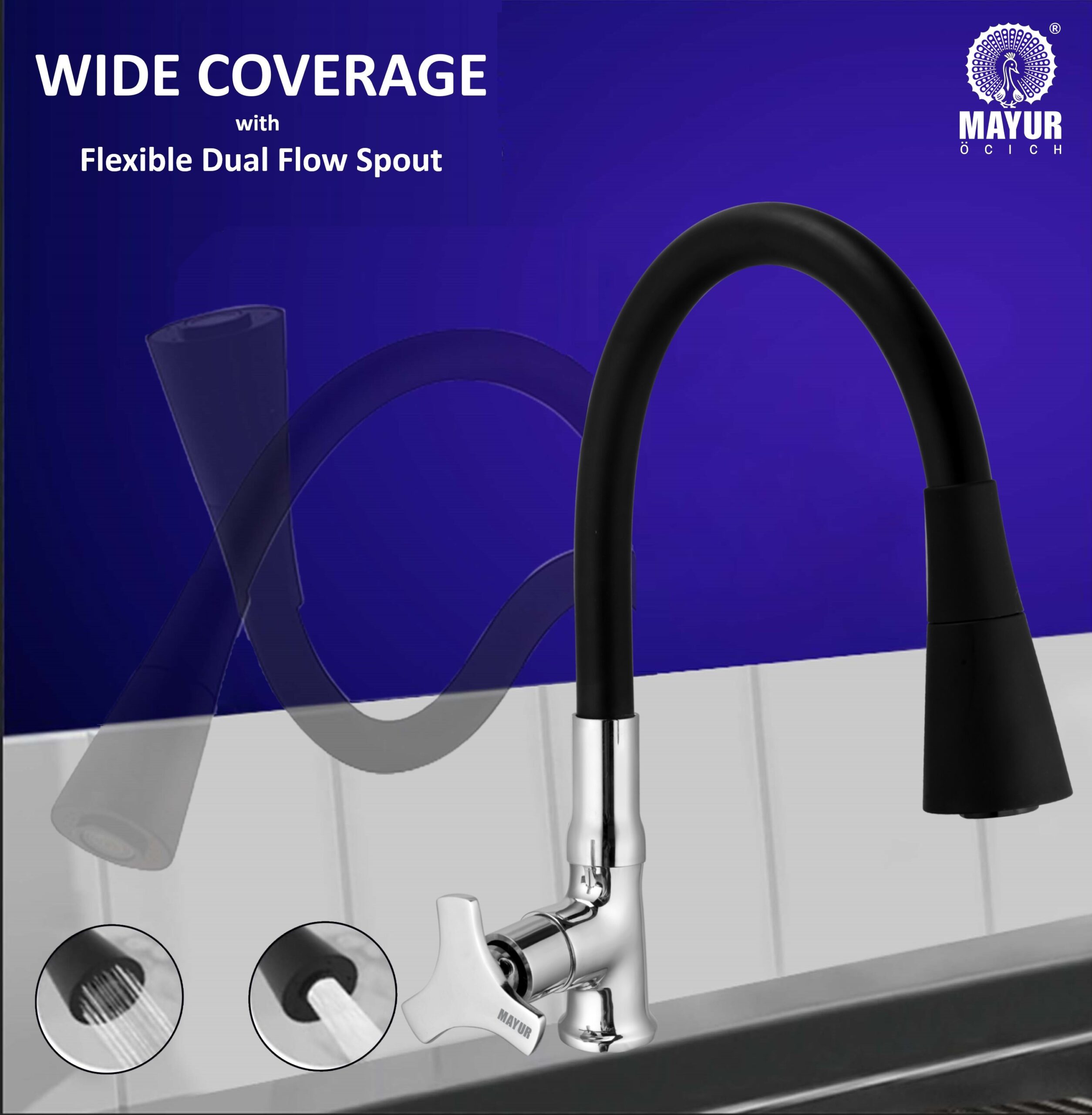 MAYUR ÖCICH Brass Swan Neck Kitchen Sink Tap With Flexible Dual Flow Spout | 360 Swivel | Cold Water Faucet With Silicone Spout | Chrome Finish | Premium Brass Build | 10-Year Warranty (TRIO) - Image 3