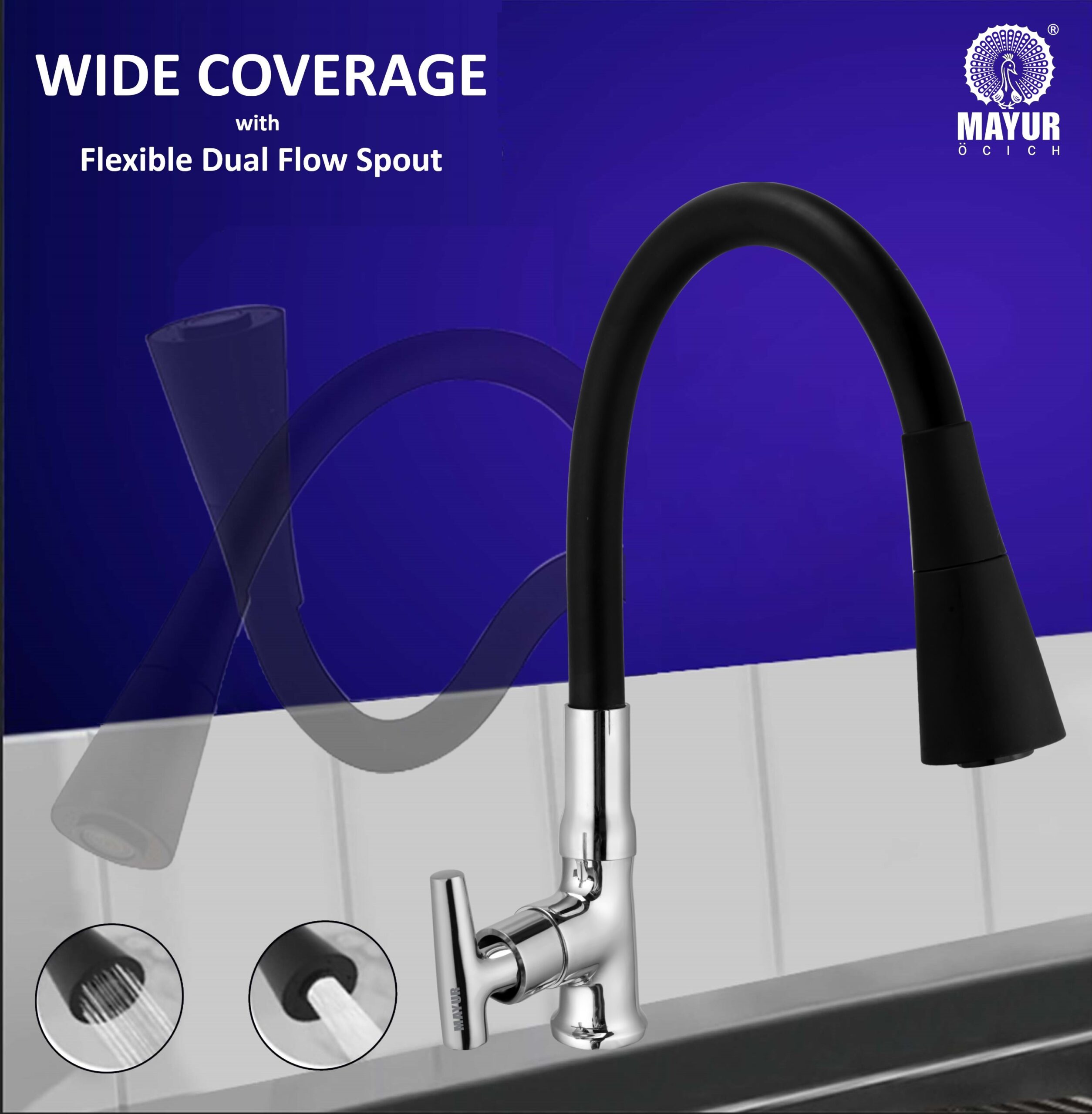 MAYUR ÖCICH Brass Swan Neck Kitchen Sink Tap With Flexible Dual Flow Spout | 360 Swivel | Cold Water Faucet With Silicone Spout | Chrome Finish | Premium Brass Build | 10-Year Warranty (PIPER) - Image 3