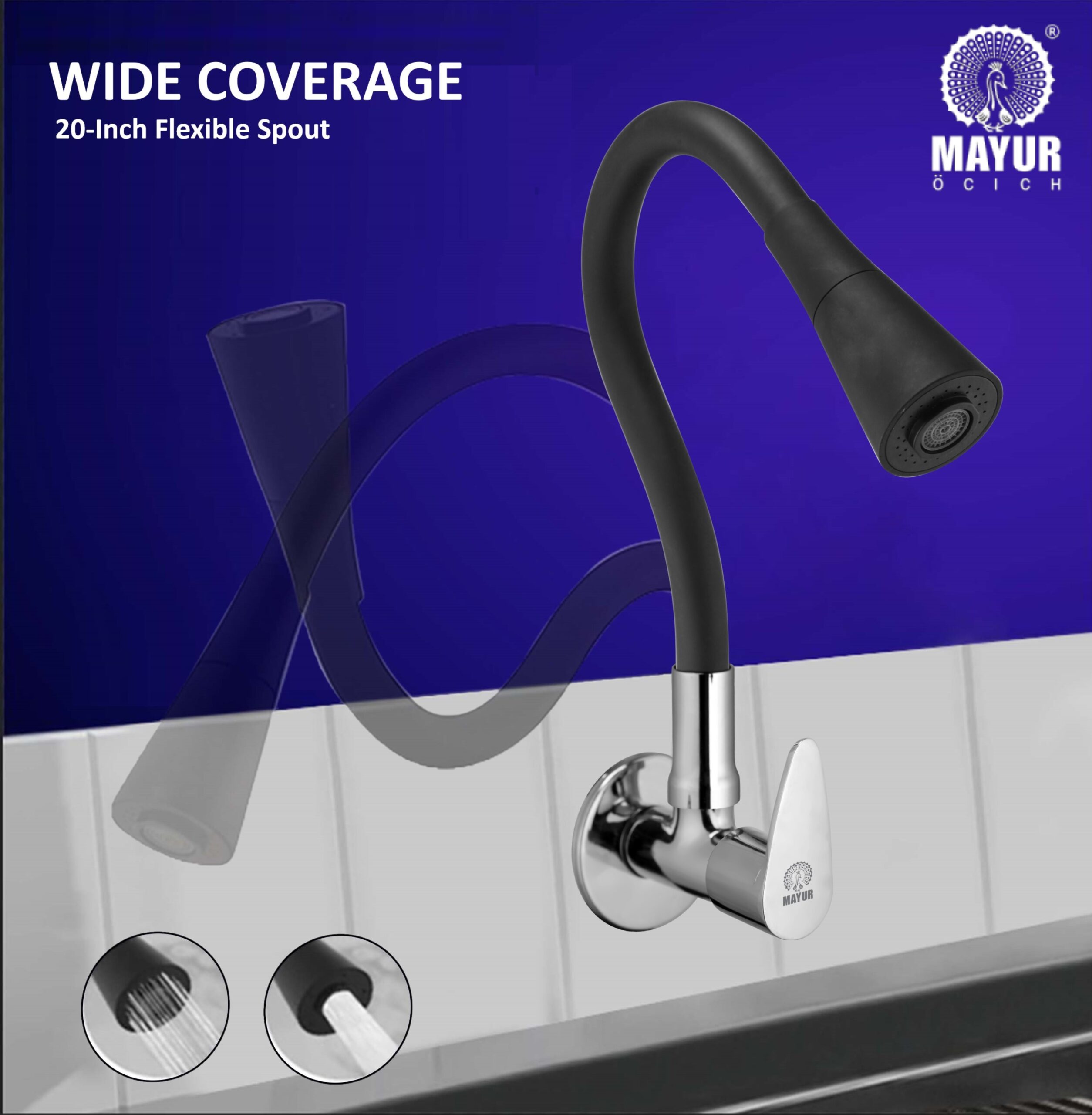 MAYUR ÖCICH Brass Kitchen Sink Tap Faucet With Flexible Dual Flow Silicone Spout | 360 Swivel | Chrome & Matte Black Finish | Cold Water Wall Mounted Faucet With Flange | 10-Year Warranty (TRENDY) - Image 3