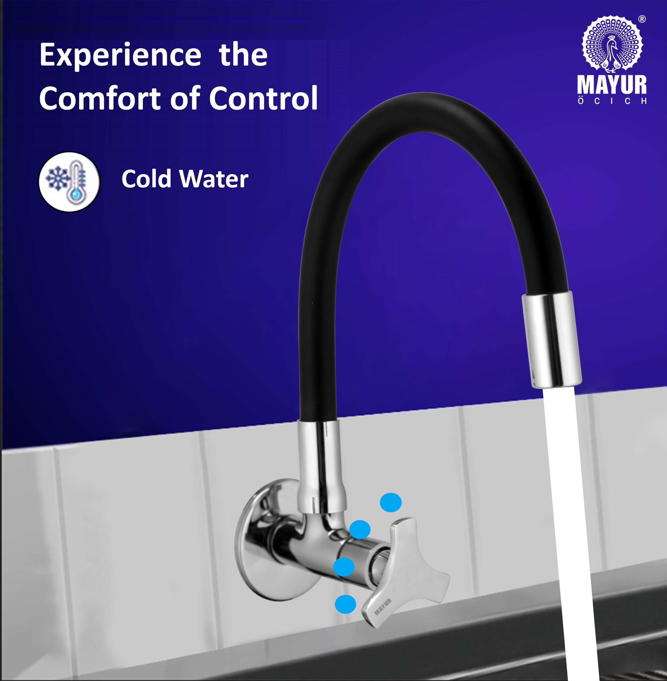 MAYUR ÖCICH Brass Kitchen Tap For Sink | Flexible Swivel Spout | Chrome & Matte Black | Cold Water Sink Cock | Premium Brass + Silicone | 10 Years Warranty (TRIO-501-Sf) - Image 3