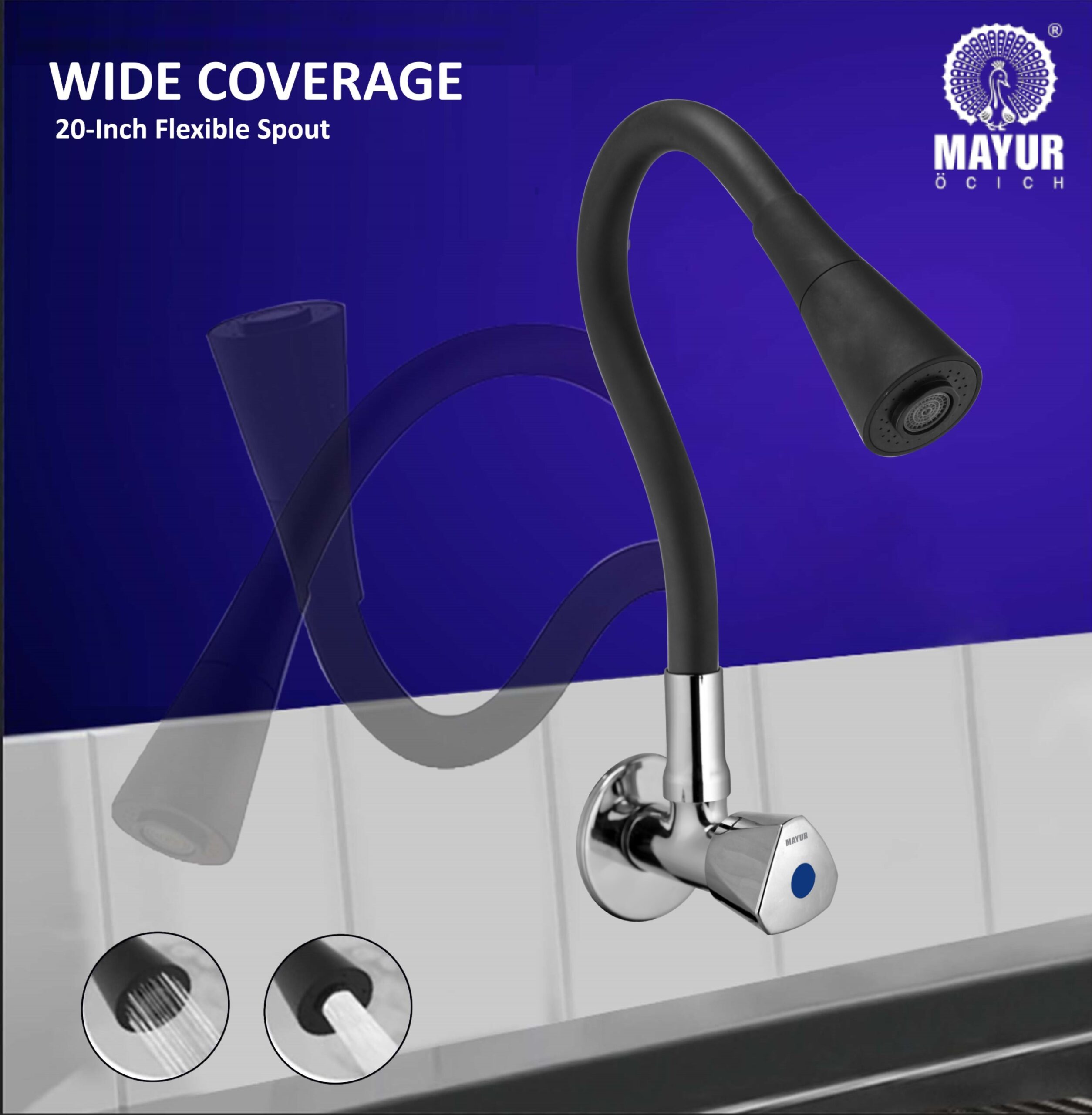 MAYUR ÖCICH Brass Kitchen Sink Tap Faucet With Flexible Dual Flow Silicone Spout | 360 Swivel | Chrome & Matte Black Finish | Cold Water Wall Mounted Faucet With Flange | 10-Year Warranty (TRI) - Image 3