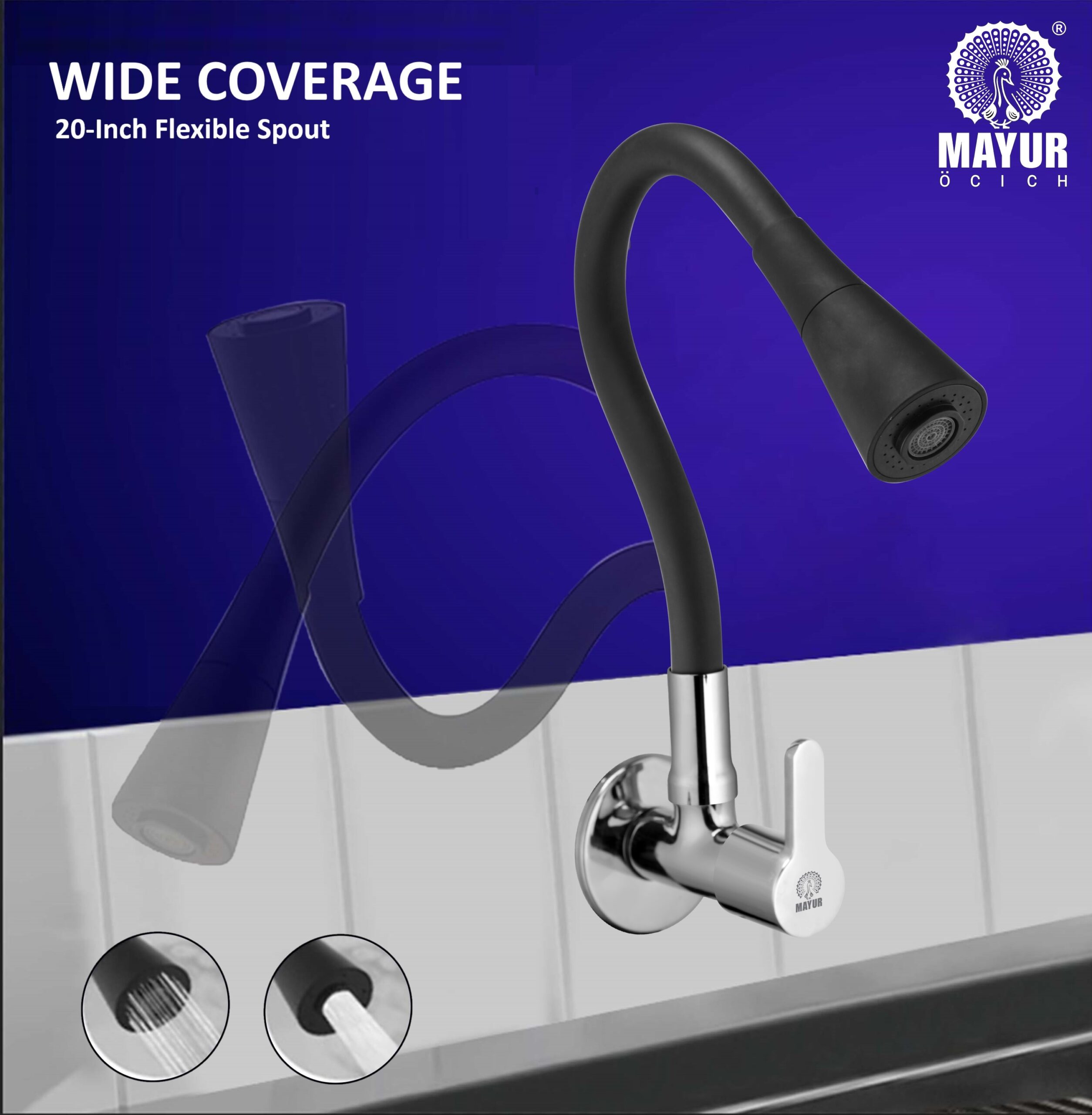 MAYUR ÖCICH Brass Kitchen Sink Tap Faucet With Flexible Dual Flow Silicone Spout | 360 Swivel | Chrome & Matte Black Finish | Cold Water Wall Mounted Faucet With Flange | 10-Year Warranty (FUSION) - Image 3