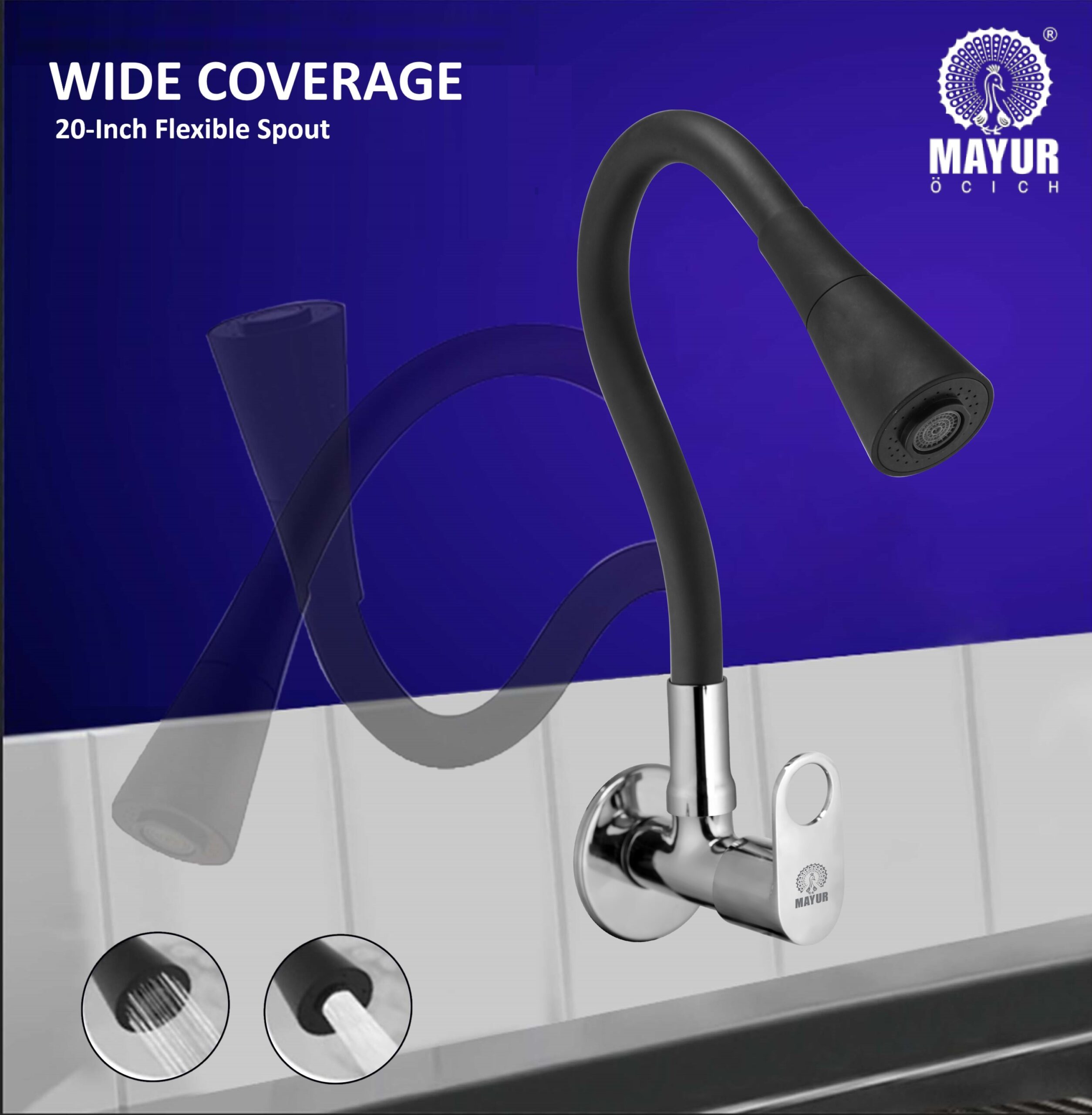 MAYUR ÖCICH Brass Kitchen Sink Tap Faucet With Flexible Dual Flow Silicone Spout | 360 Swivel | Chrome & Matte Black Finish | Cold Water Wall Mounted Faucet With Flange | 10-Year Warranty (ORNIX) - Image 3