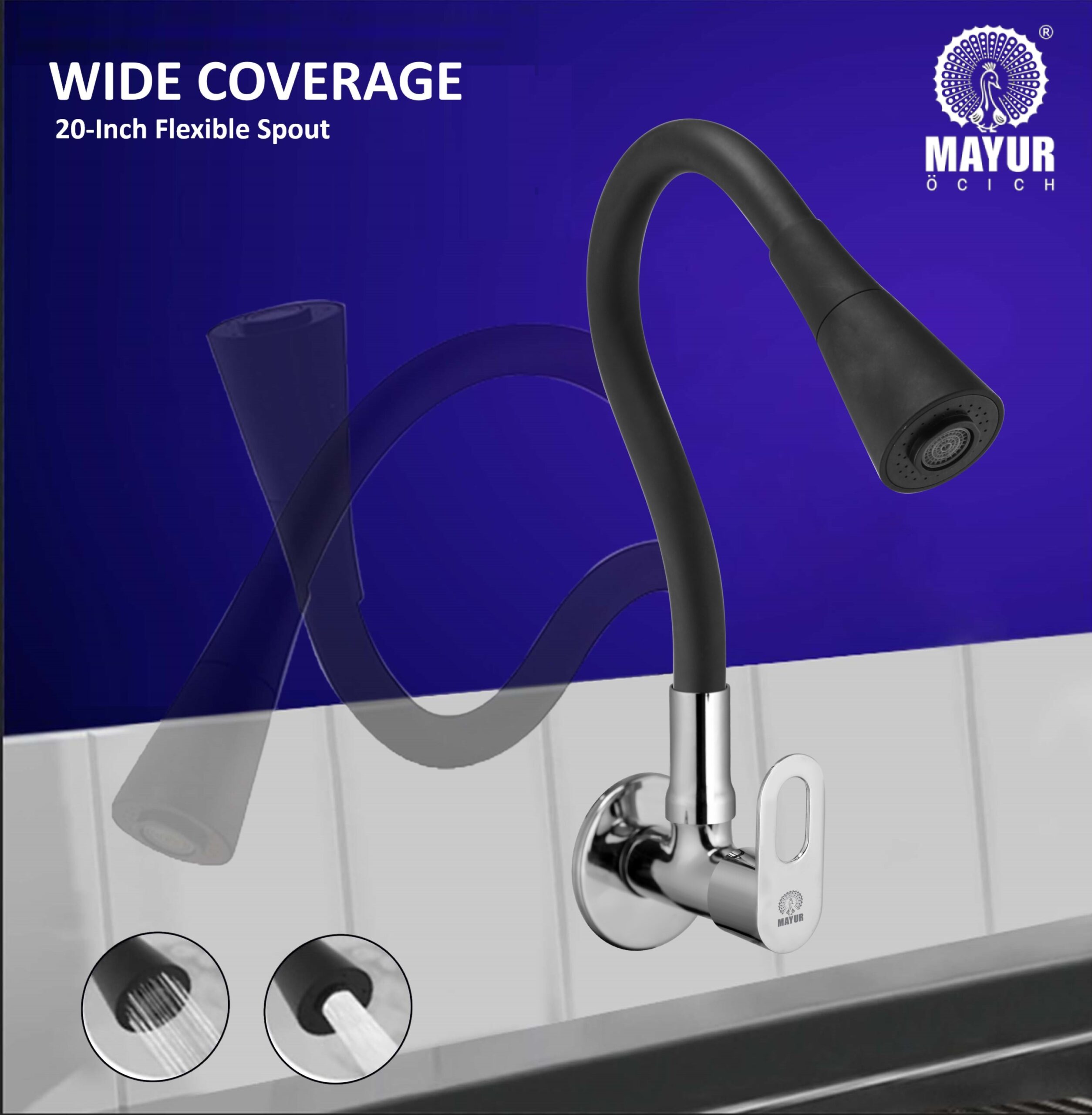 MAYUR ÖCICH Brass Kitchen Sink Tap Faucet With Flexible Dual Flow Silicone Spout | 360 Swivel | Chrome & Matte Black Finish | Cold Water Wall Mounted Faucet With Flange | 10-Year Warranty (MILANO) - Image 3